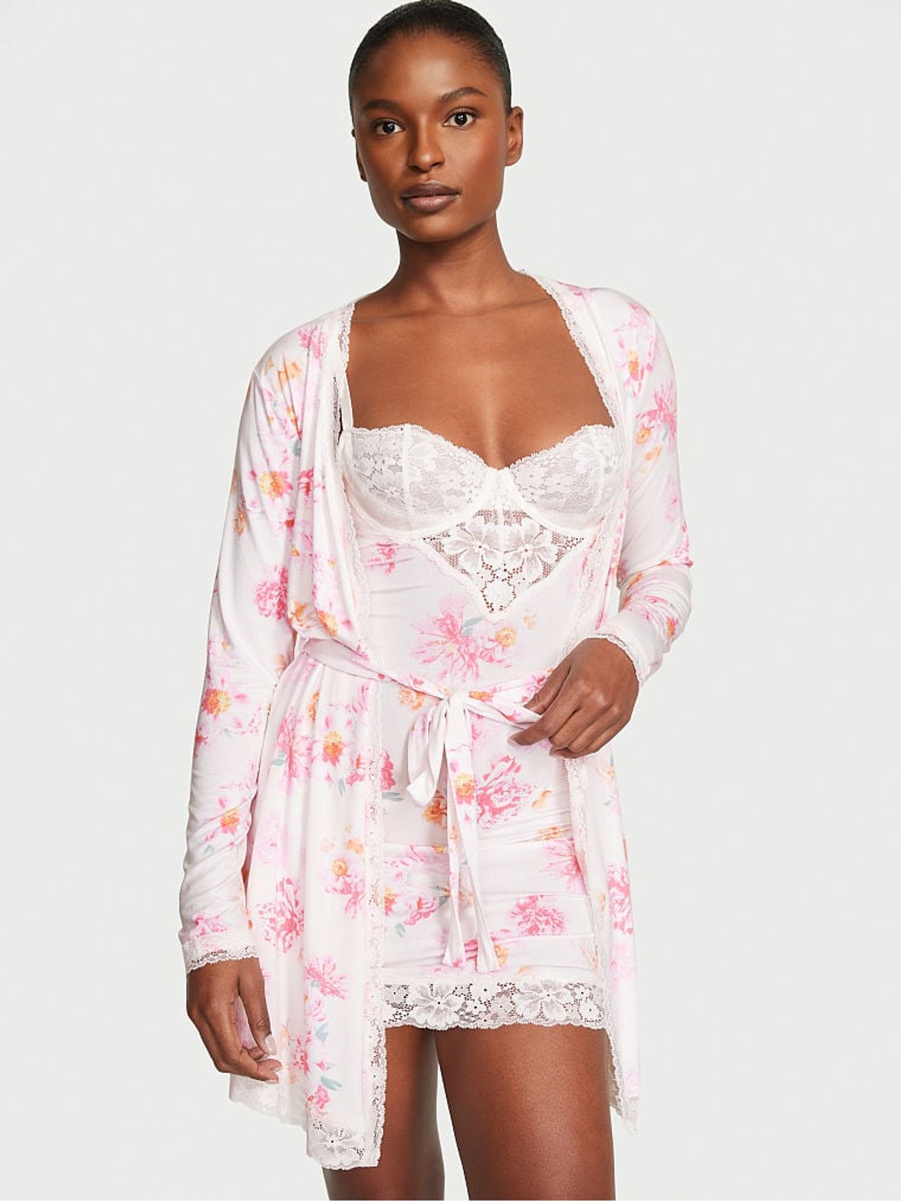 Pink Peony Bunches Modal Lace Trim Robe - Image 1 of 2