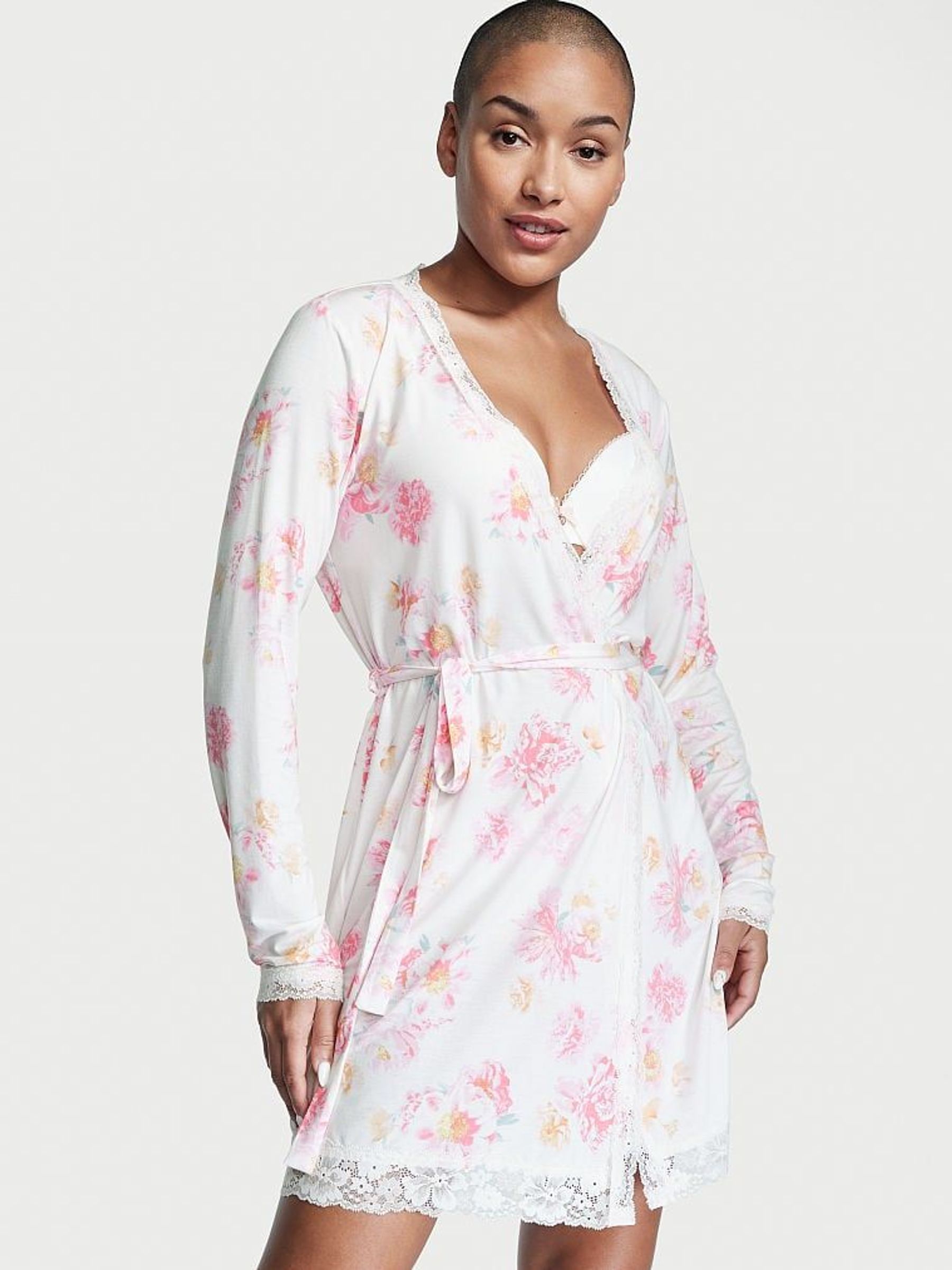 Pink Peony Bunches Modal Lace Trim Robe - Image 3 of 3