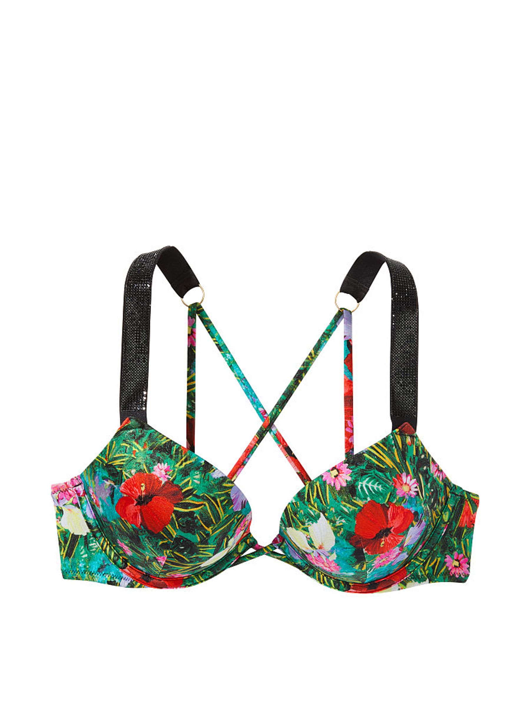 Tropical Floral Blue Add 2 Cups Push Up Shine Strap Swim Bikini Top - Image 3 of 4