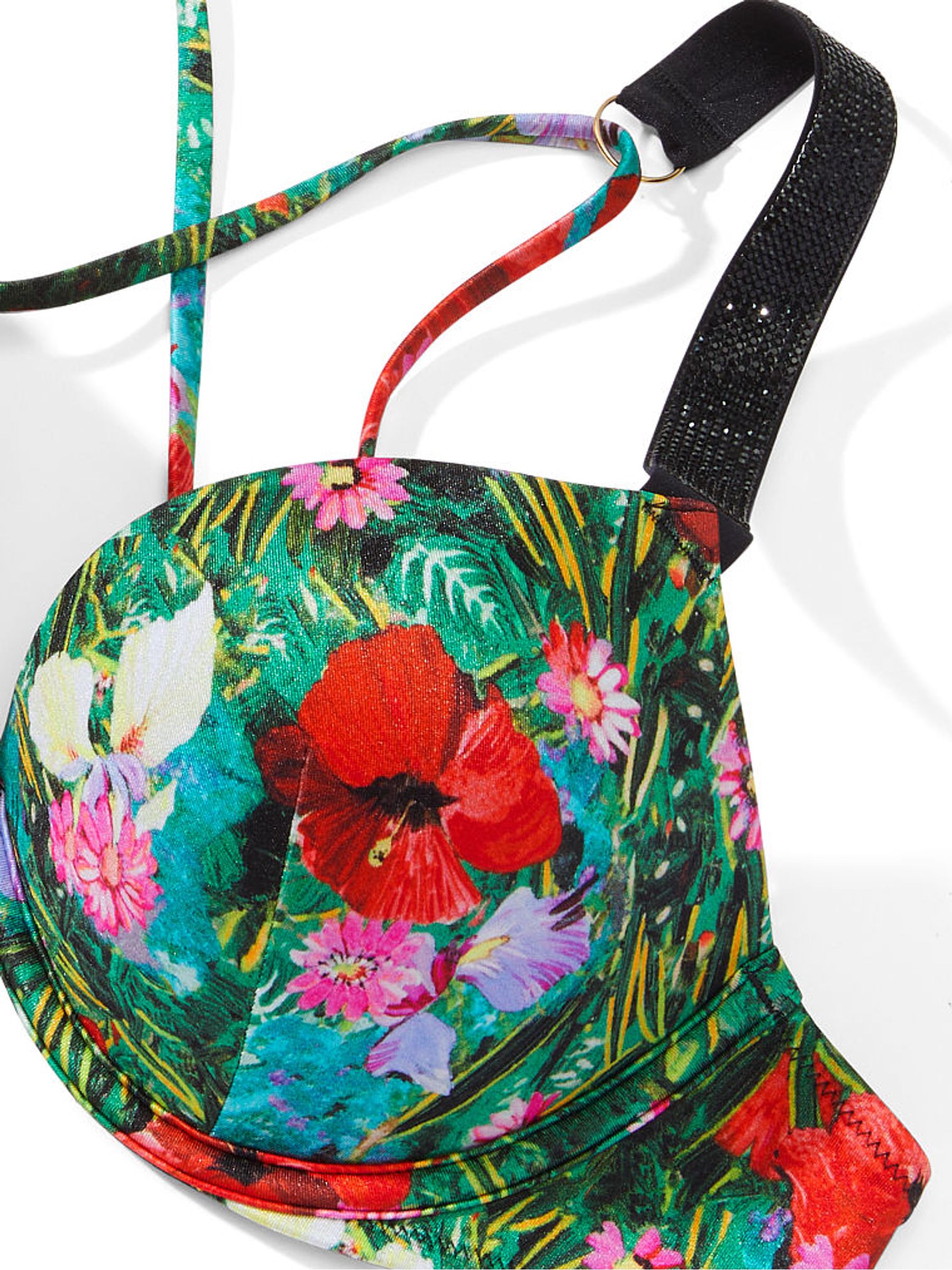Tropical Floral Blue Add 2 Cups Push Up Shine Strap Swim Bikini Top - Image 4 of 4