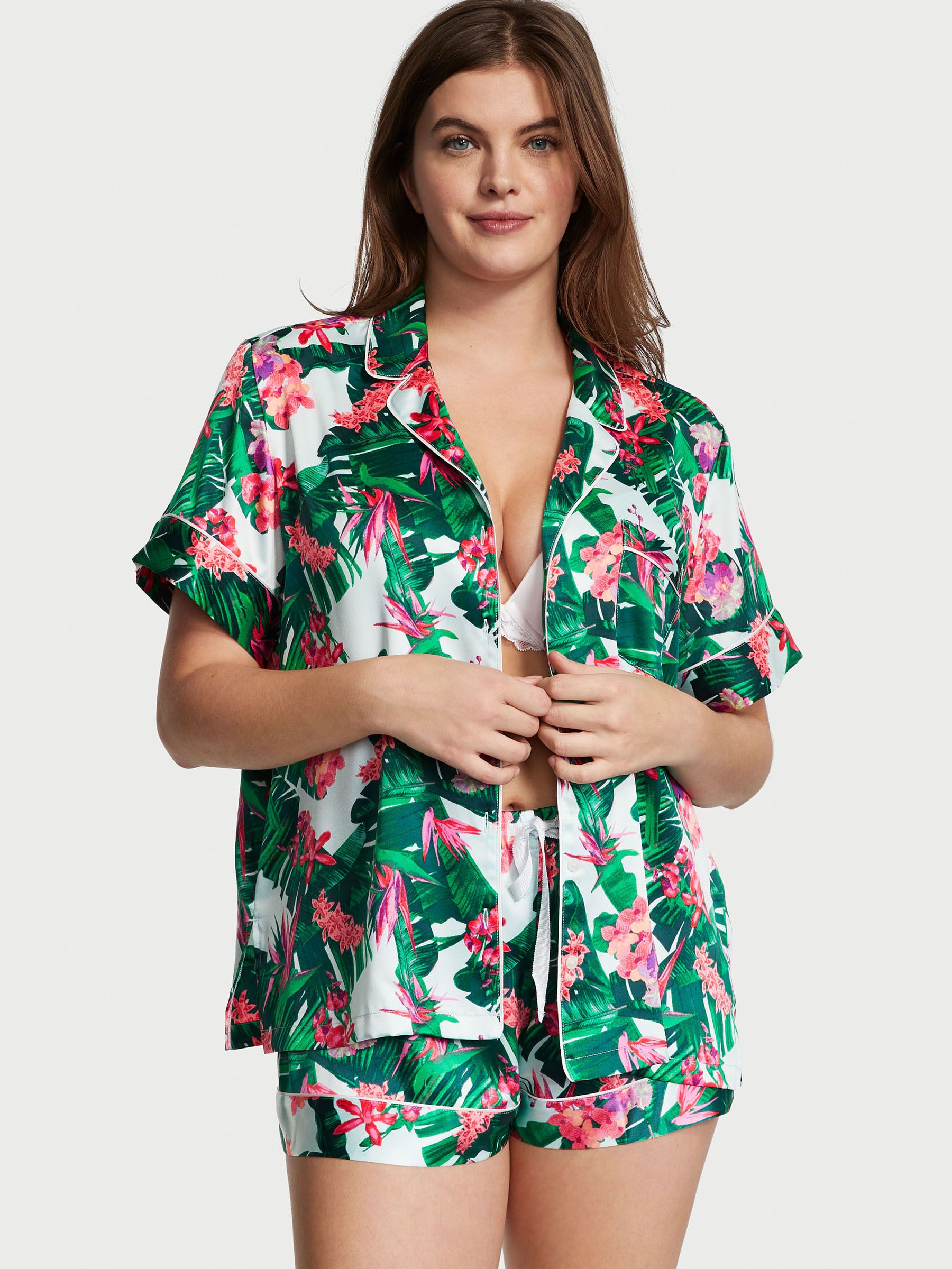 Tropic Resort Green Satin Short Pyjamas - Image 1 of 4