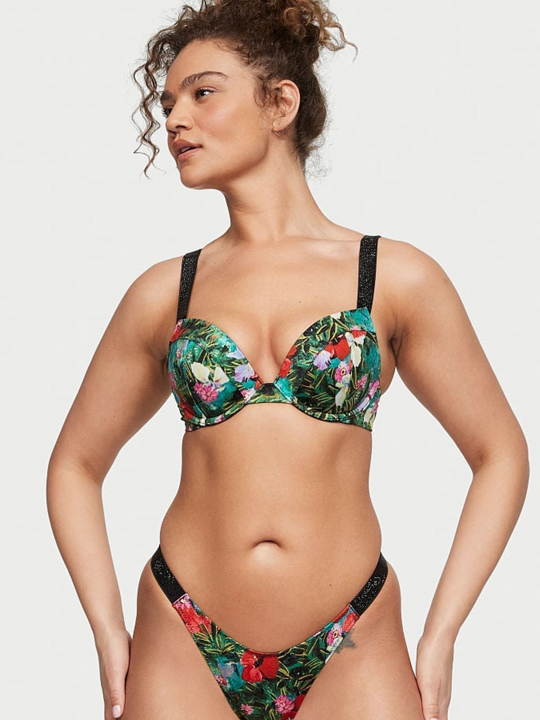 Tropical Floral Blue Push Up Shine Strap Swim Bikini Top - Image 1 of 4