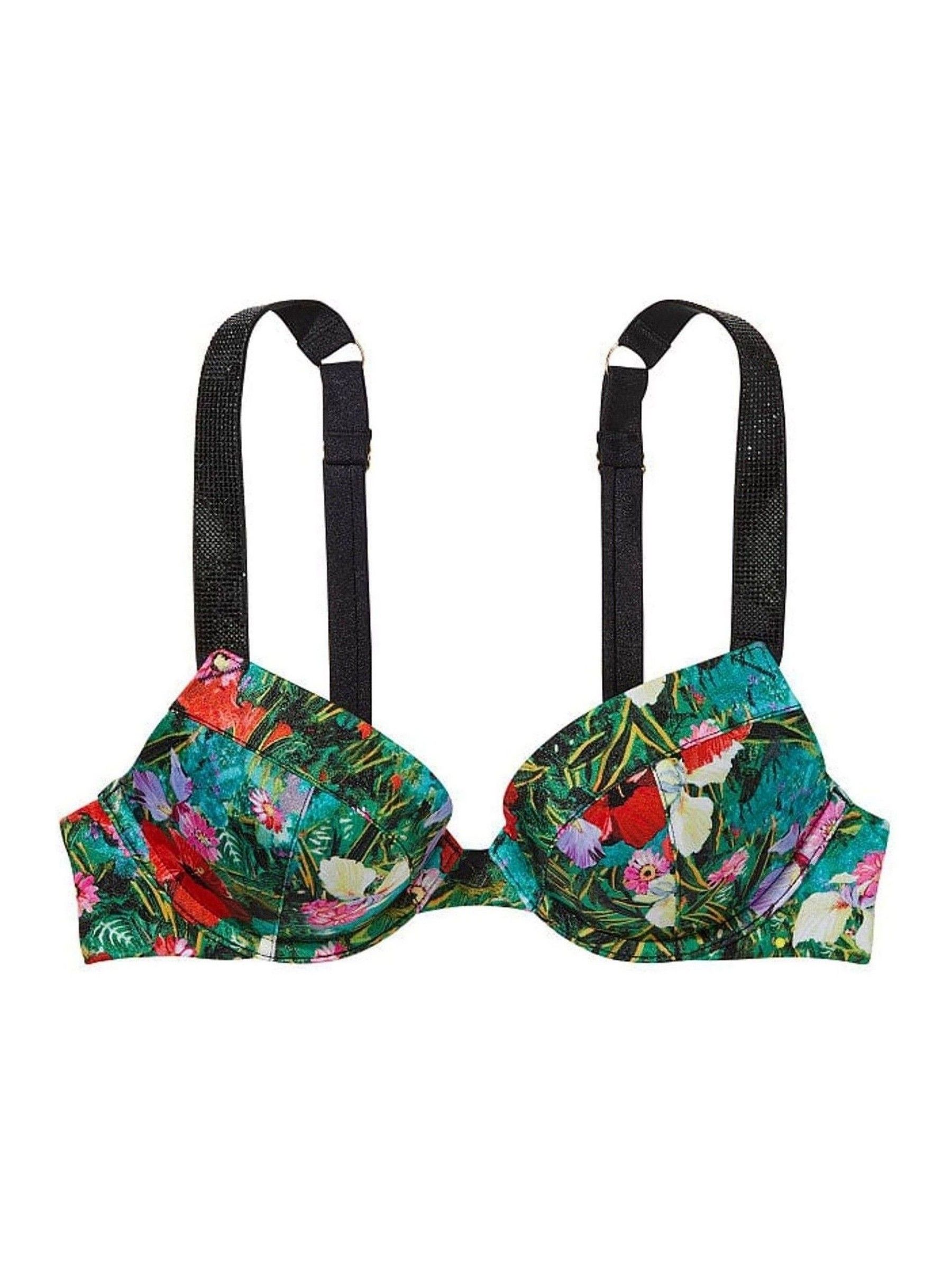 Tropical Floral Blue Push Up Shine Strap Swim Bikini Top - Image 3 of 4