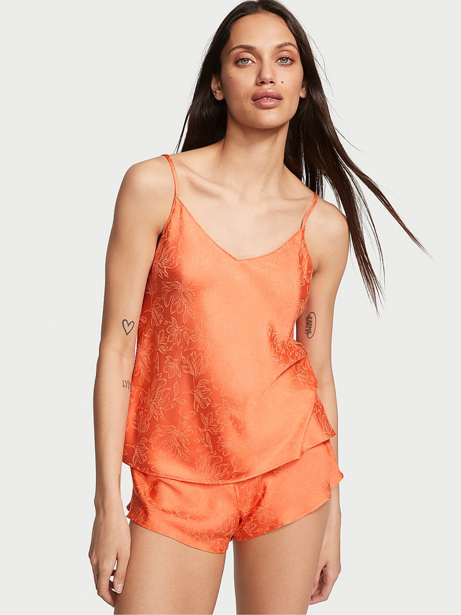 Coral Rose Pink Draped Back Satin Cami Set - Image 1 of 3