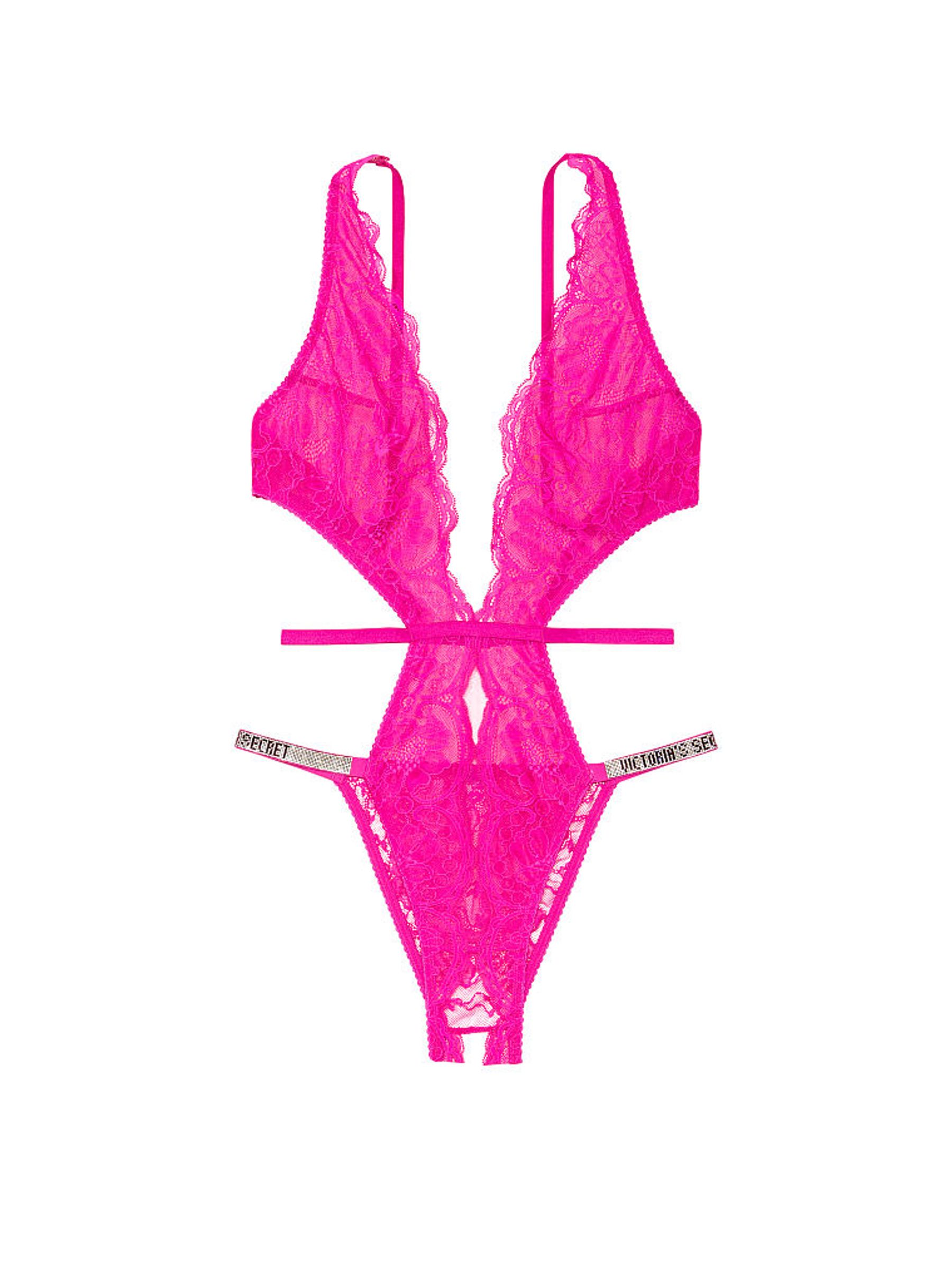 Fuschia Frenzy Pink Shine Strap Lace Crotchless Bodysuit - Image 3 of 3