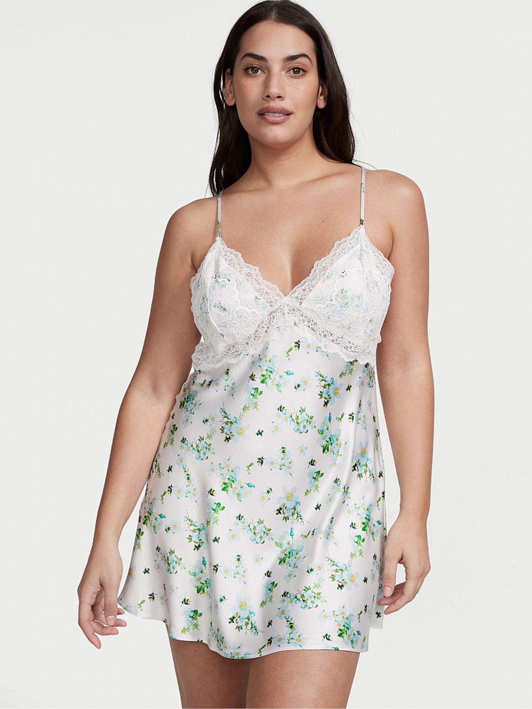 Honey Bee Floral White Lace Plunge Open  Back Slip Dress - Image 1 of 3