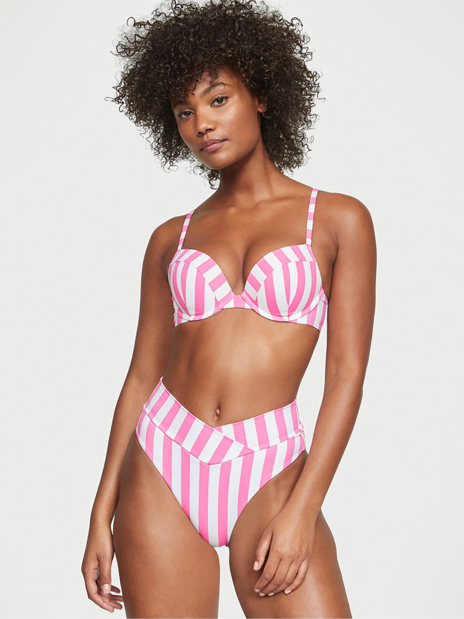Pink Stripes High Waisted MixandMatch Crossover HighWaist Bikini Bottom - Image 1 of 3
