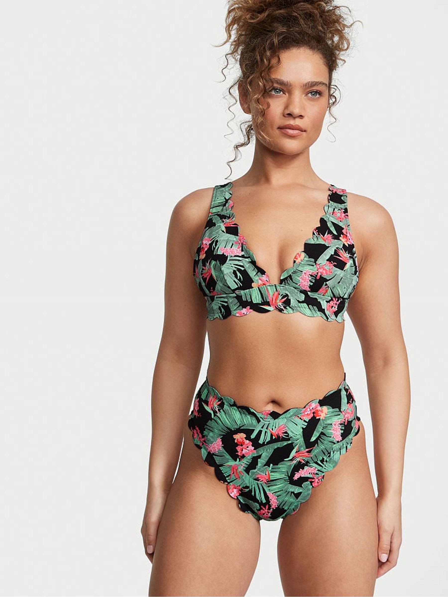 Green Tropical Palm Halter Scallop Plunge Bikini Top - Image 1 of 3