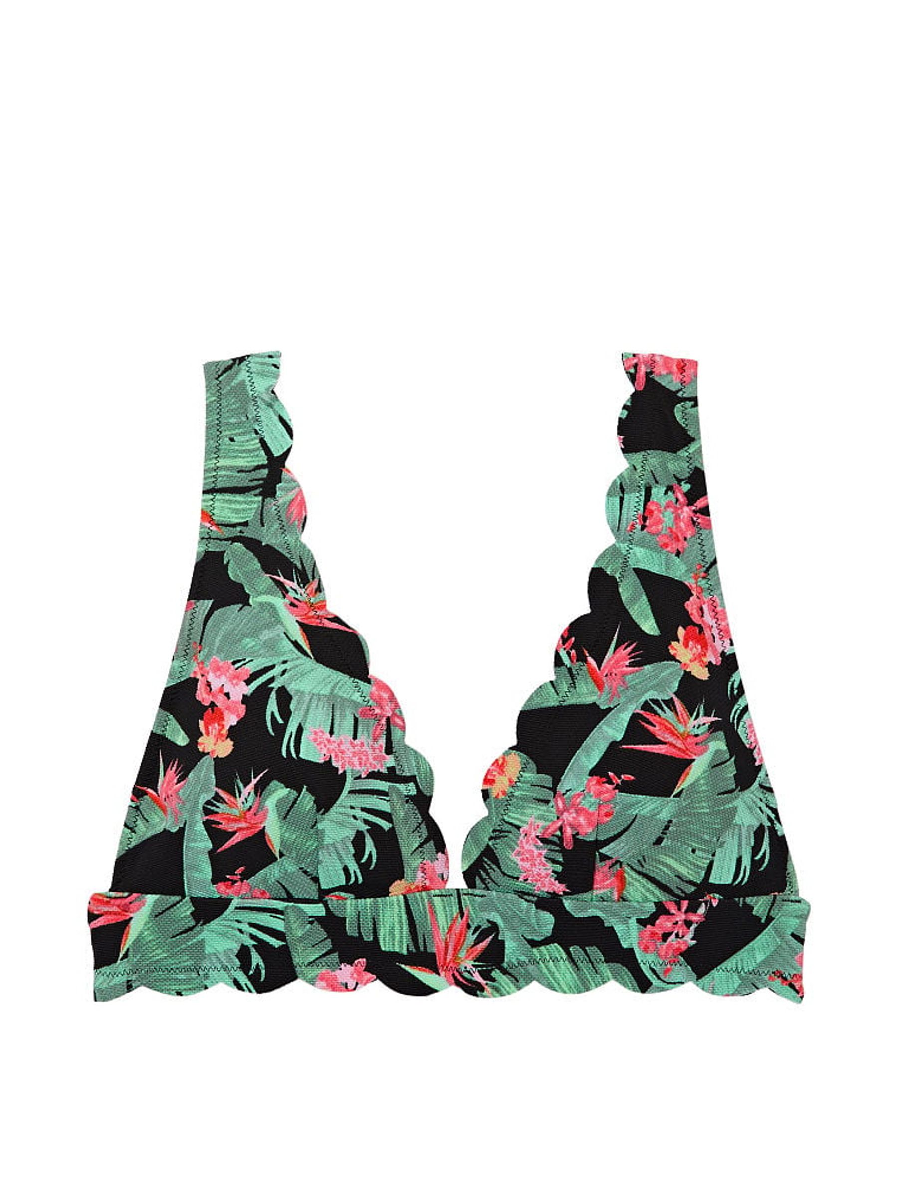 Green Tropical Palm Halter Scallop Plunge Bikini Top - Image 3 of 3