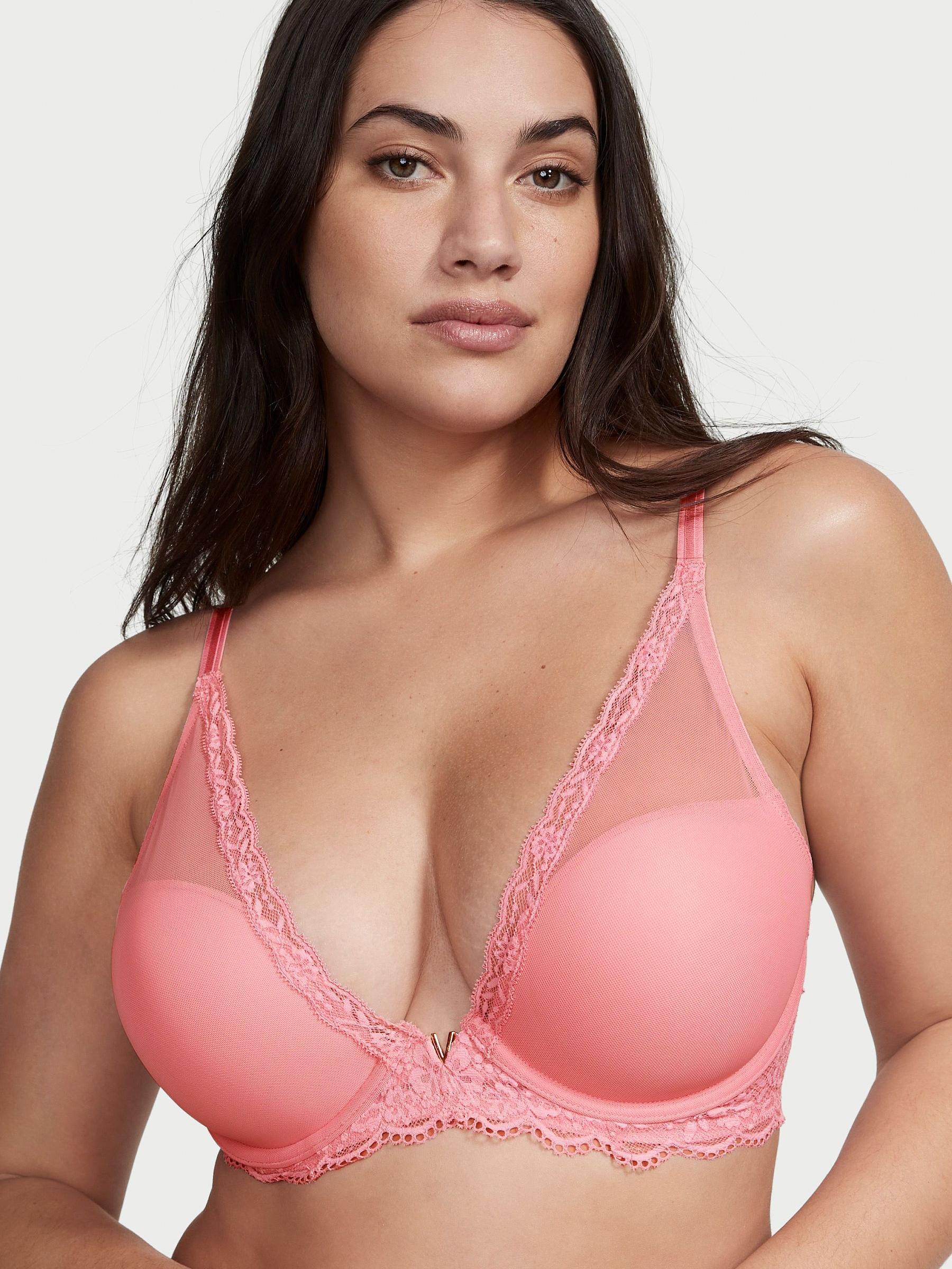 Pink Roses Mesh Half Pad Plunge Bra - Image 1 of 3