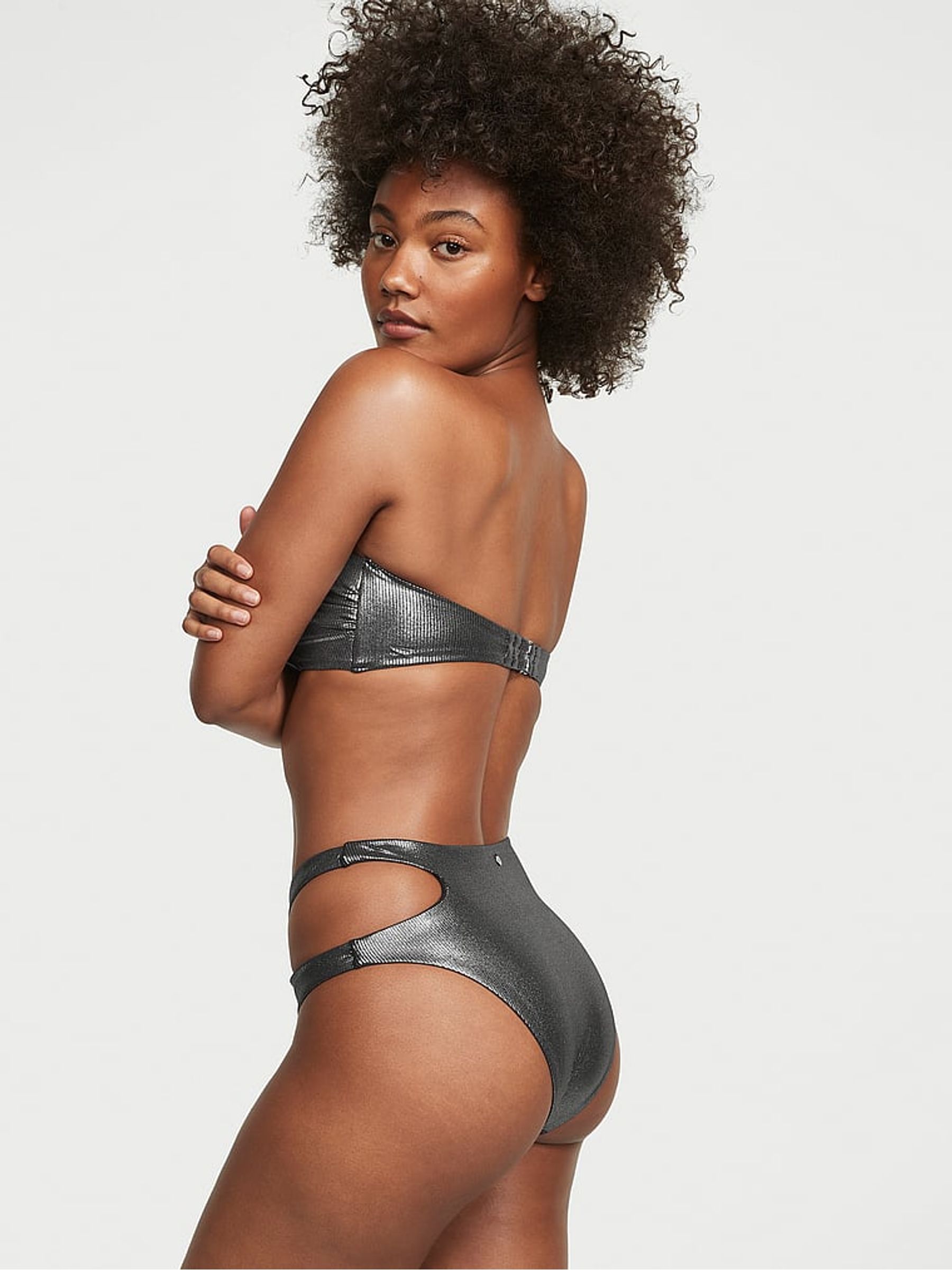 Silver Foil Rib High Waisted Cut Out High Waist Cheeky Swim Bikini Bottom - Image 2 of 4