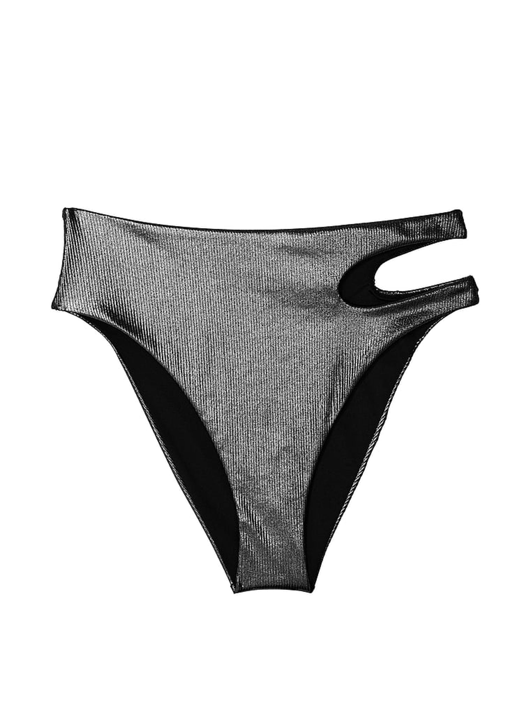 Silver Foil Rib High Waisted Cut Out High Waist Cheeky Swim Bikini Bottom - Image 3 of 4