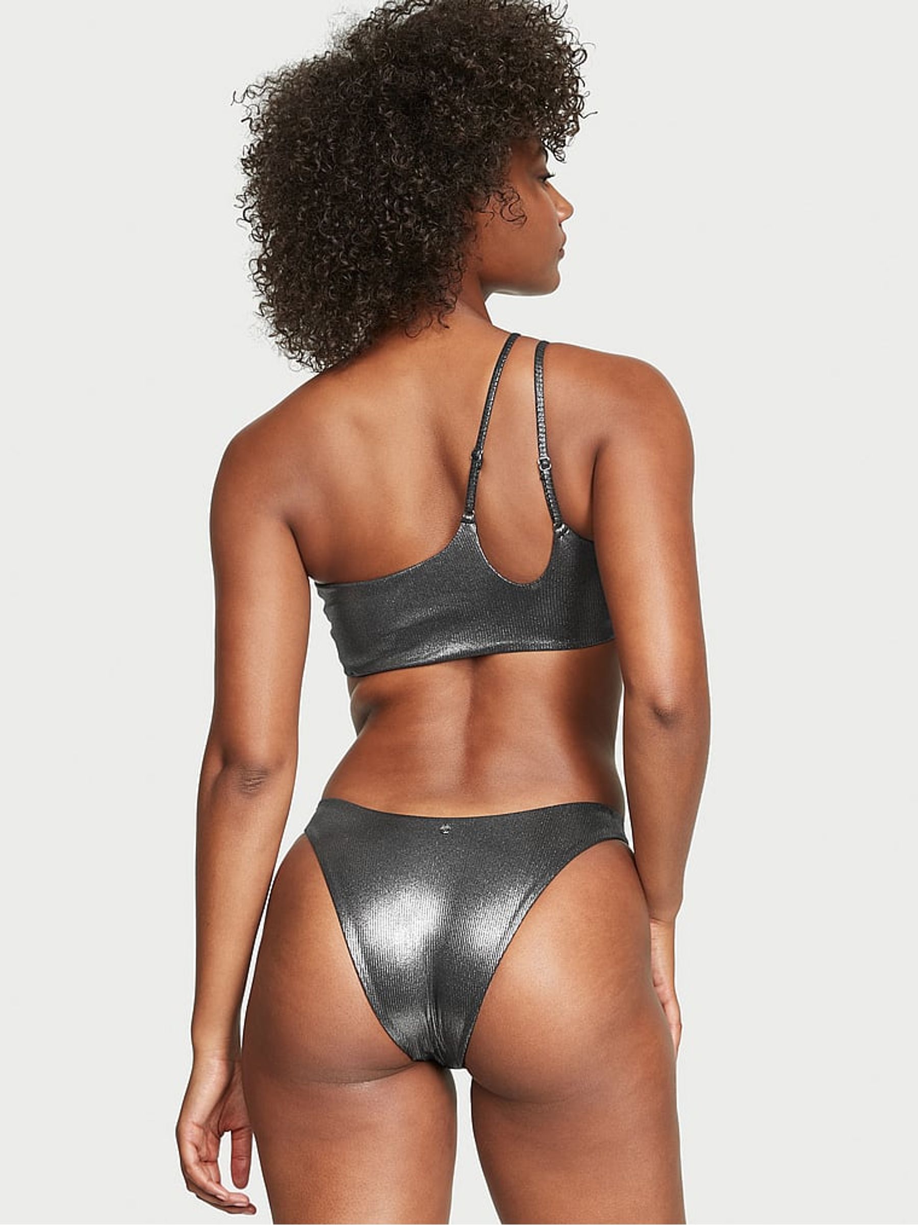 Silver Foil Rib Cut Out One Shoulder Swim Bikini Top - Image 2 of 4