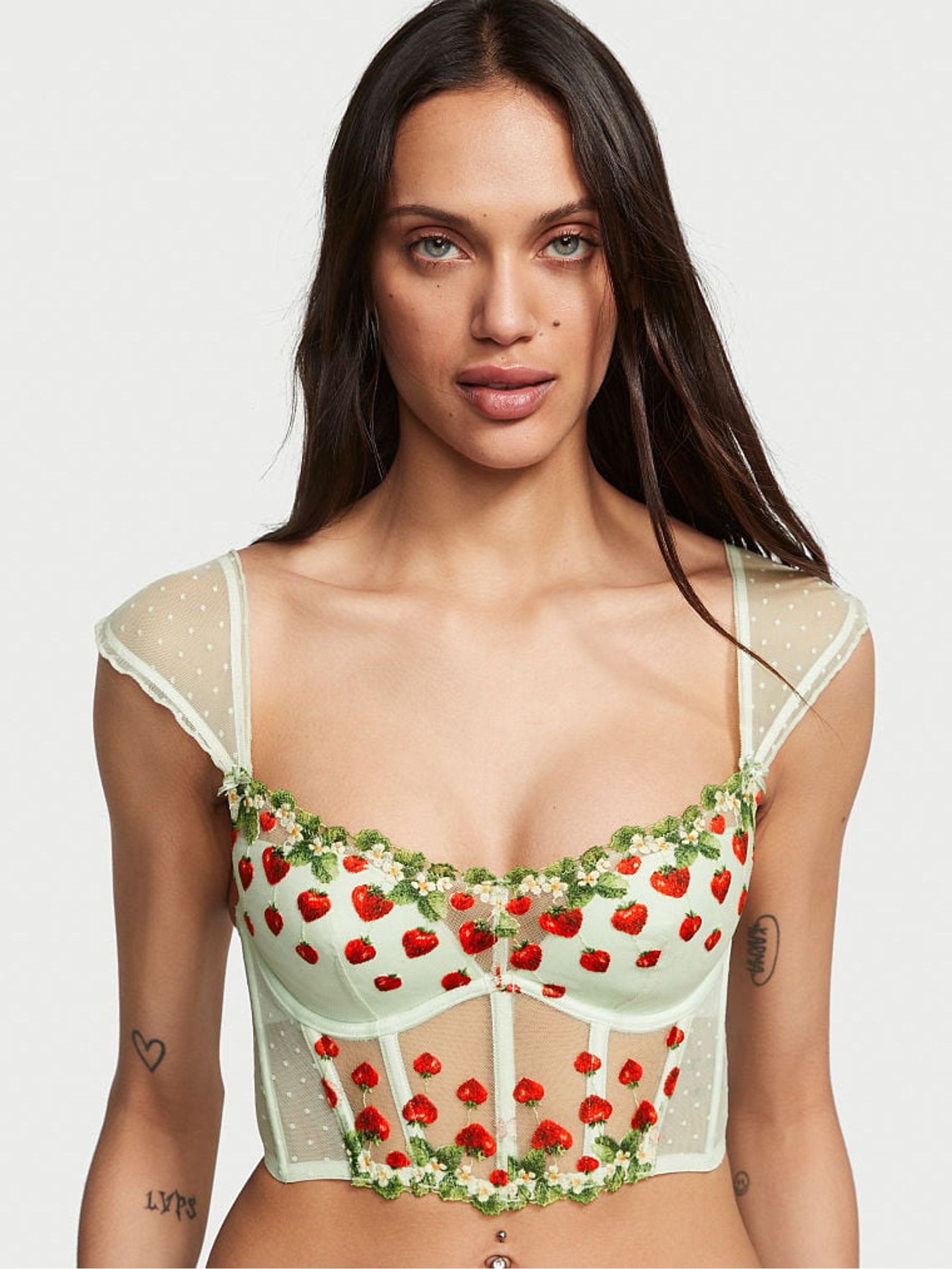 Pale Green Corset Strawberry Embroidered Bra - Image 1 of 4