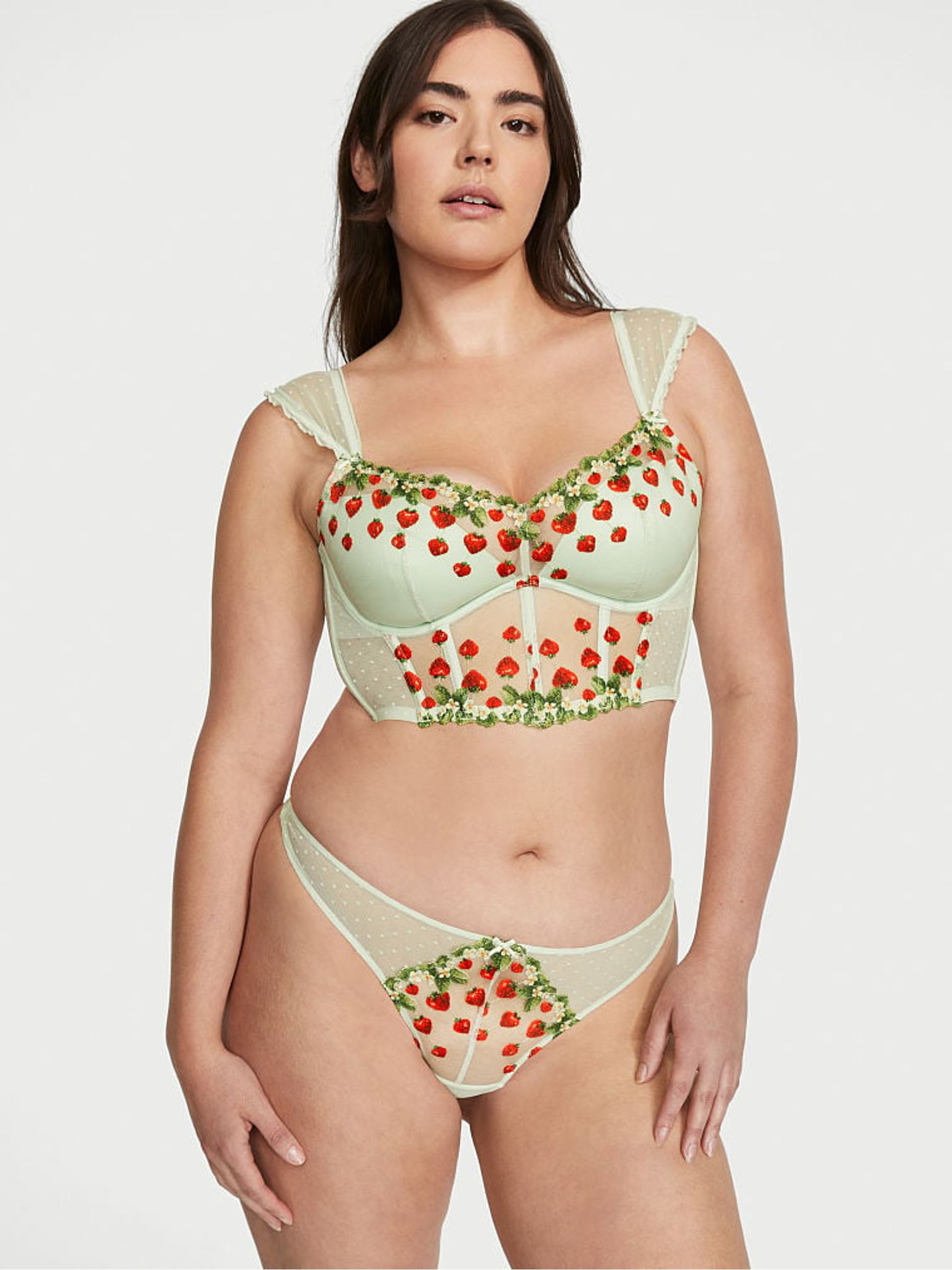 Pale Green Corset Strawberry Embroidered Bra - Image 3 of 4