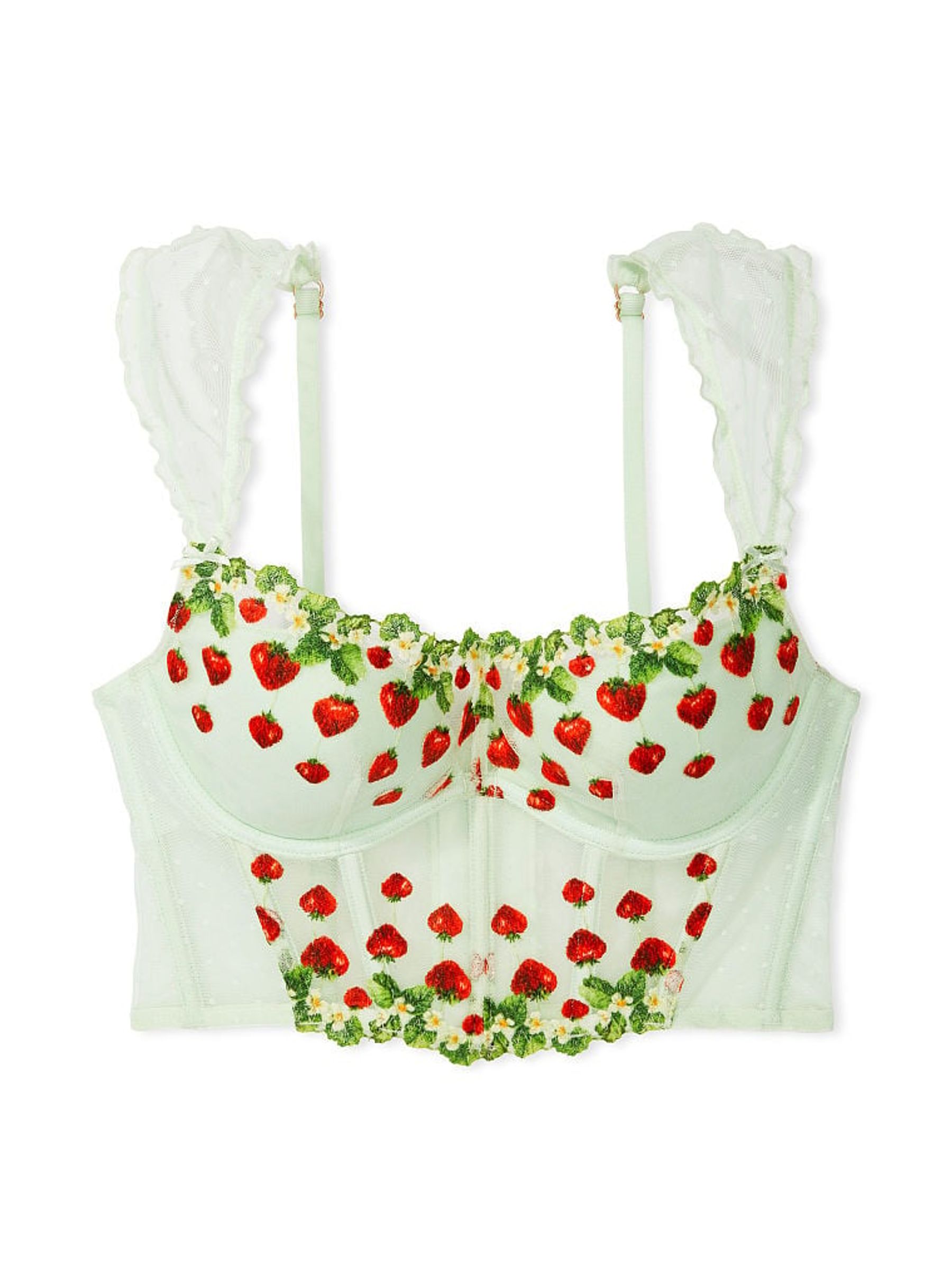 Pale Green Corset Strawberry Embroidered Bra - Image 4 of 4