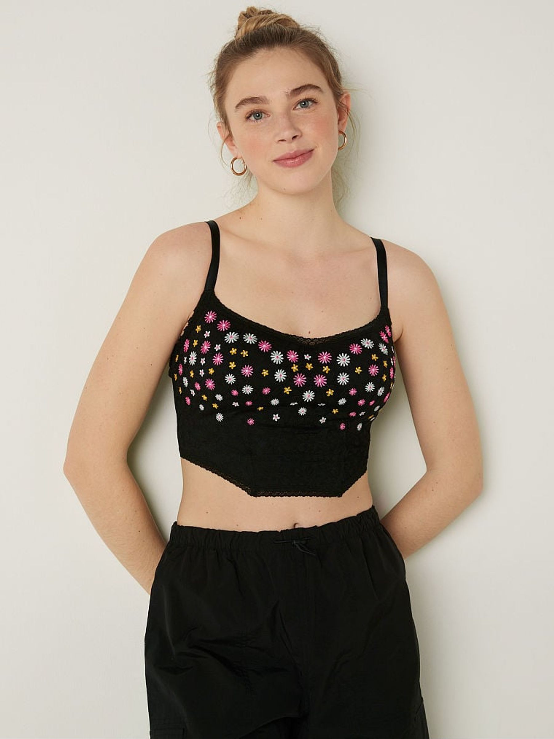 Pure Black Floral Embroidery Lace Lightly Lined Corset Bra Top - Image 1 of 4