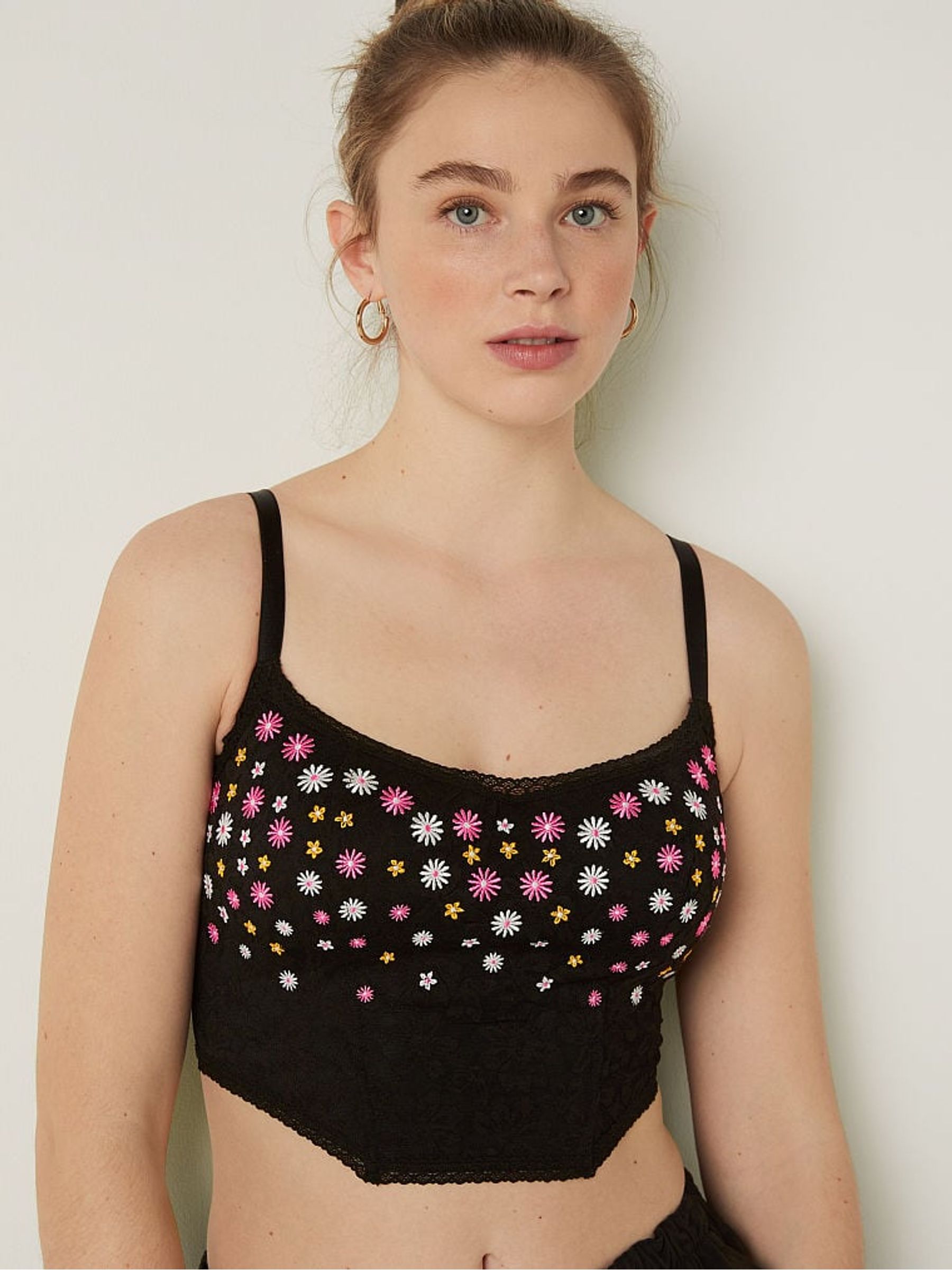 Pure Black Floral Embroidery Lace Lightly Lined Corset Bra Top - Image 1 of 6 Pure Black Floral Embroidery Lace Lightly Lined Corset Bra Top - Image 1 of 6