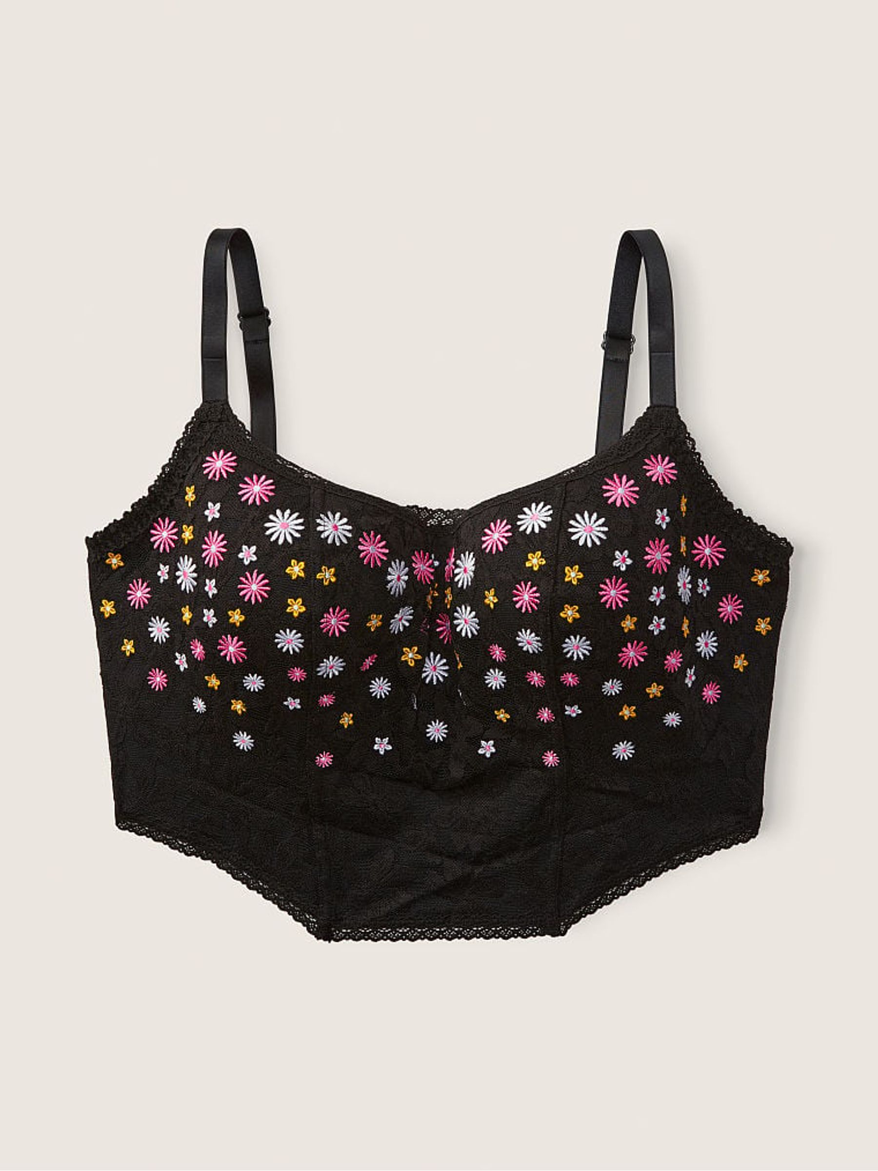 Pure Black Floral Embroidery Lace Lightly Lined Corset Bra Top - Image 3 of 4