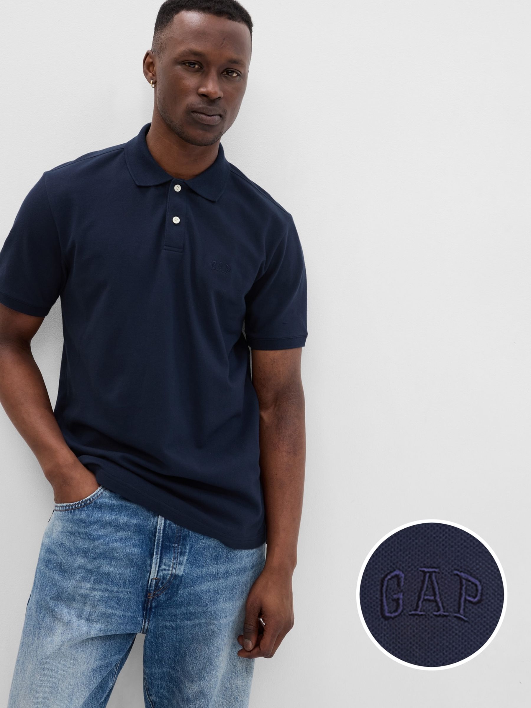 Dark Blue Pique Logo 100% Cotton Short Sleeve Polo Shirt - Image 1 of 4 Dark Blue Pique Logo 100% Cotton Short Sleeve Polo Shirt - Image 1 of 4