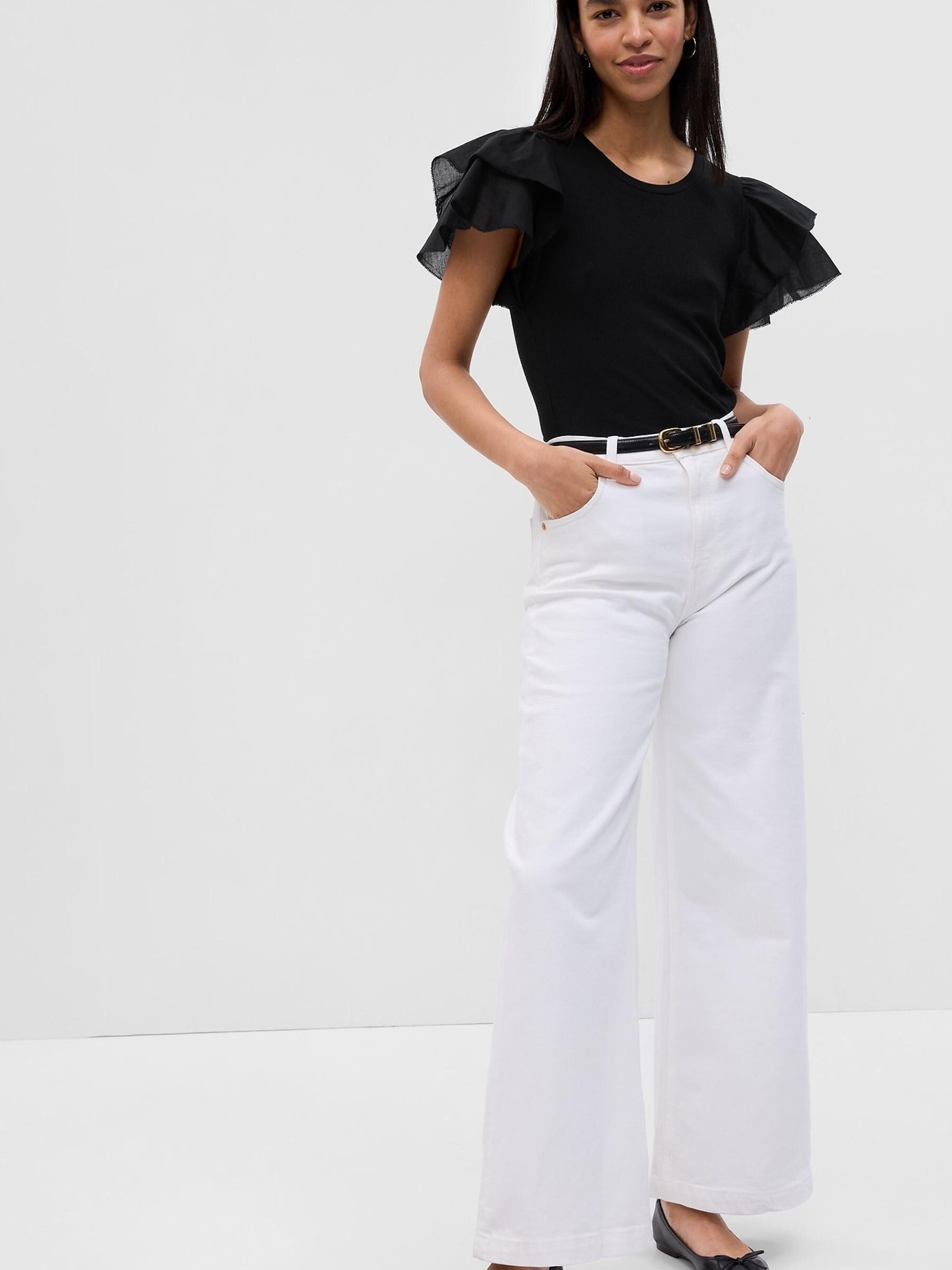 Black Ruffle Sleeve Ribbed Crew Neck T-Shirt - Image 1 of 1