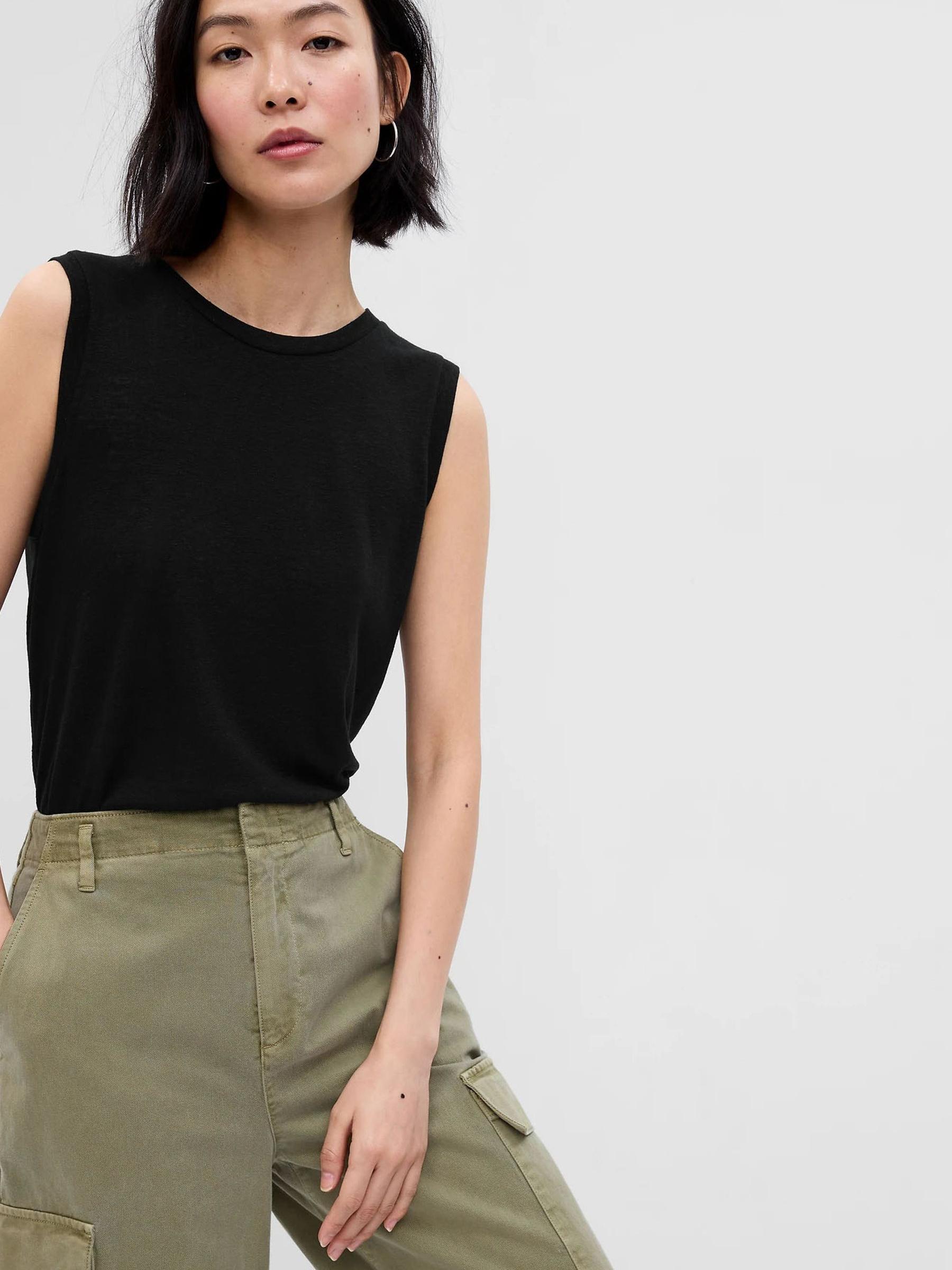 Black Linen-Blend Tank Top - Image 1 of 1 Black Linen-Blend Tank Top - Image 1 of 1