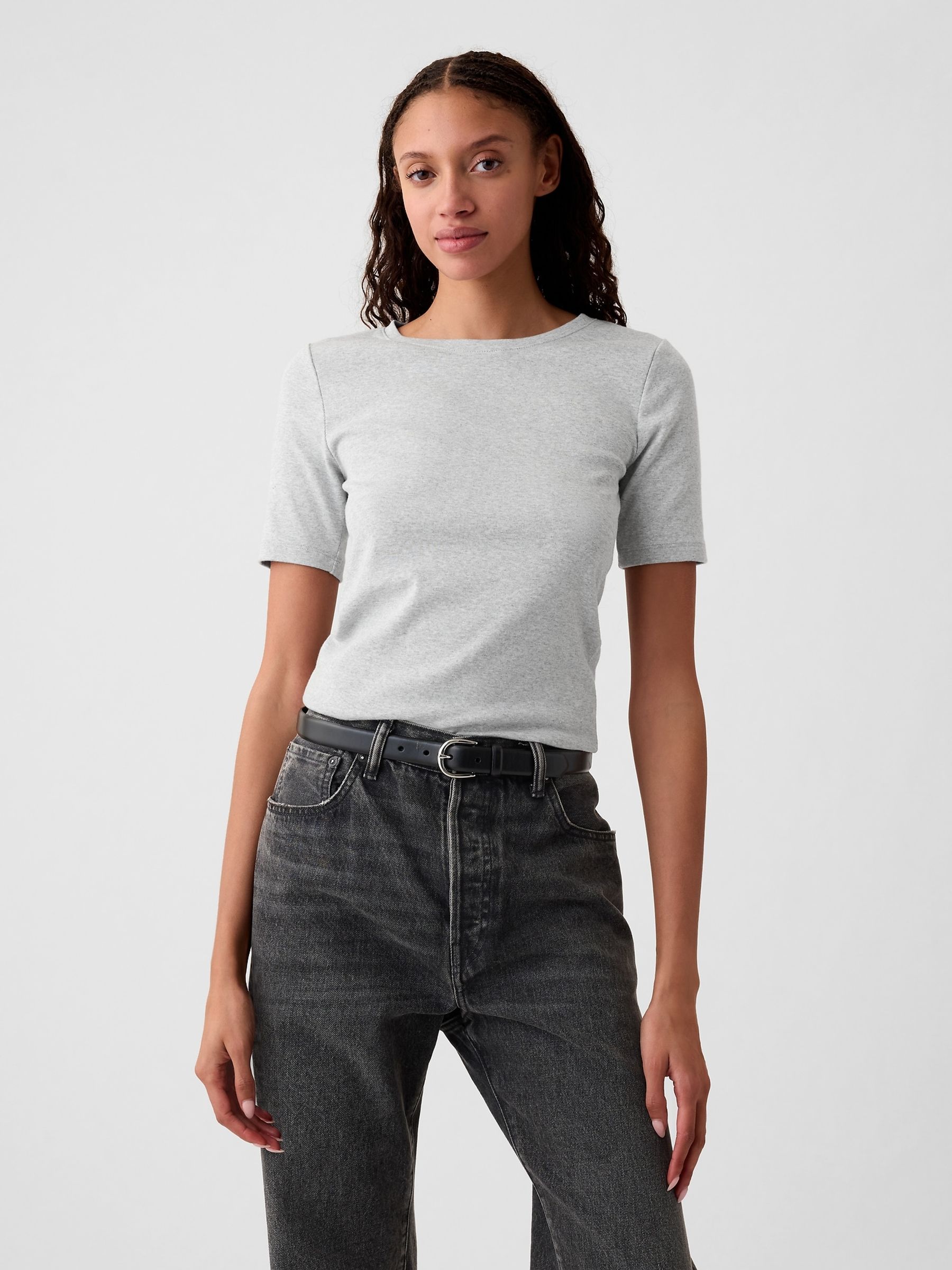 Grey Short Sleeve Modern Cotton-Modal Crew Neck T-Shirt - Image 1 of 4