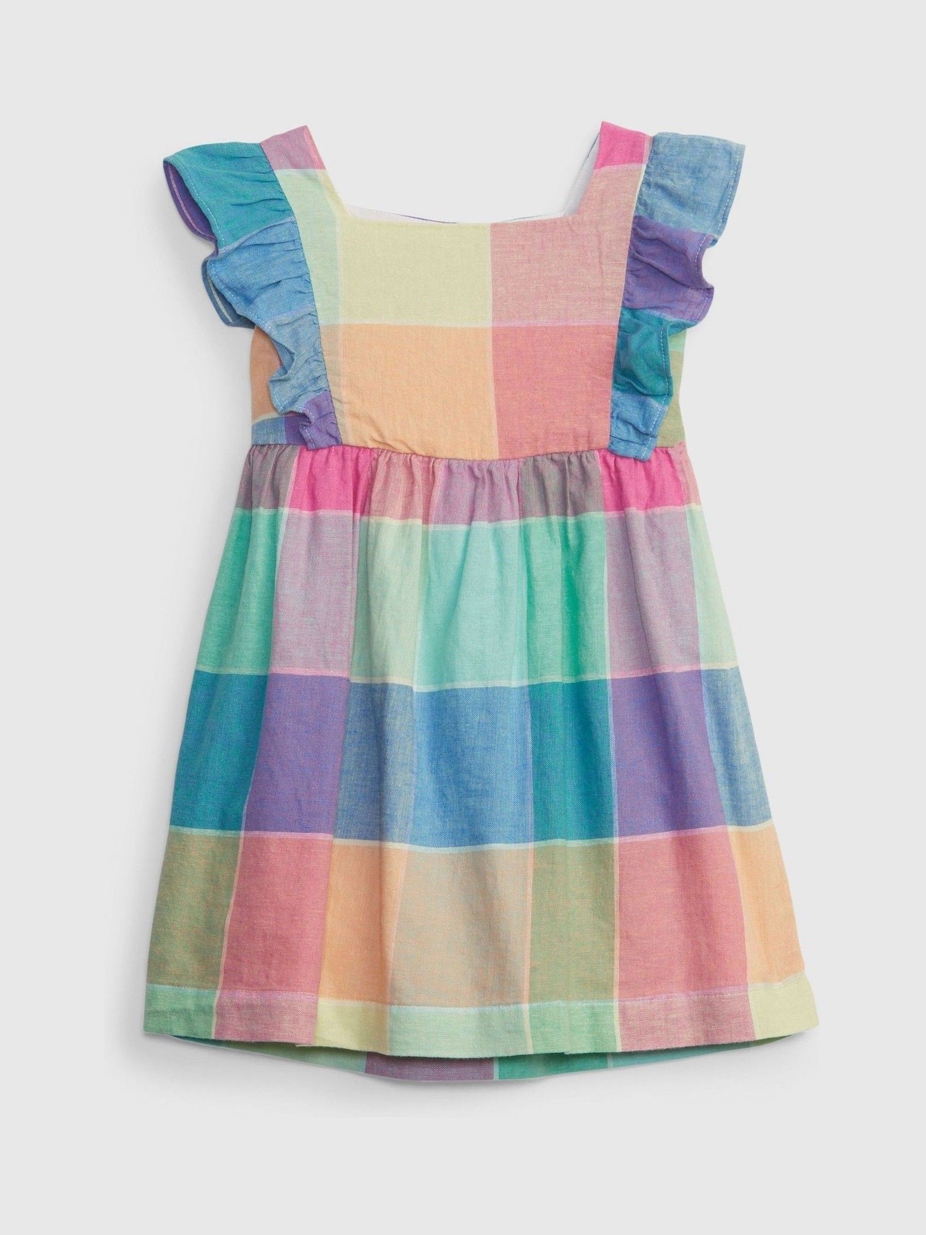 Multi Linen-Cotton Plaid Flutter Sleeve Dress - Image 1 of 1