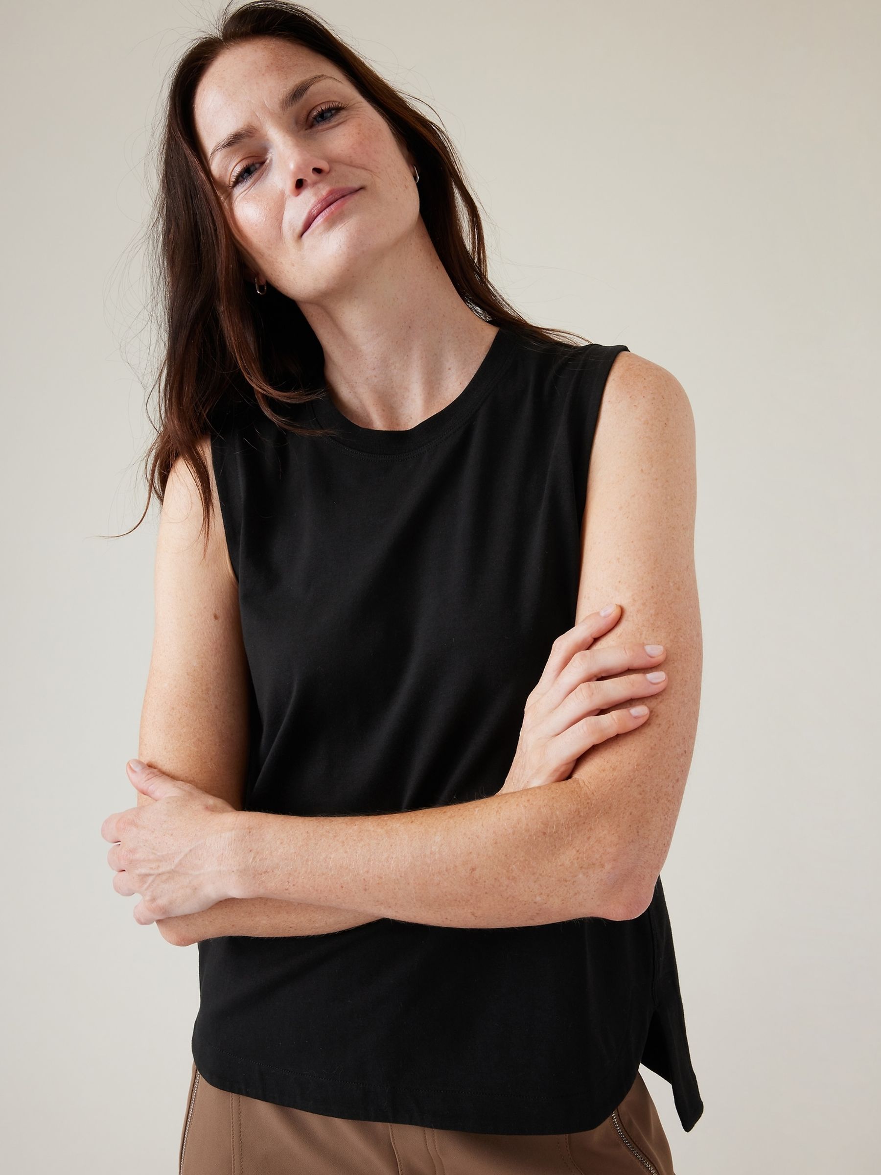 Athleta Black Crew Neck Effortless Supima Cotton Tank Top - Image 1 of 5