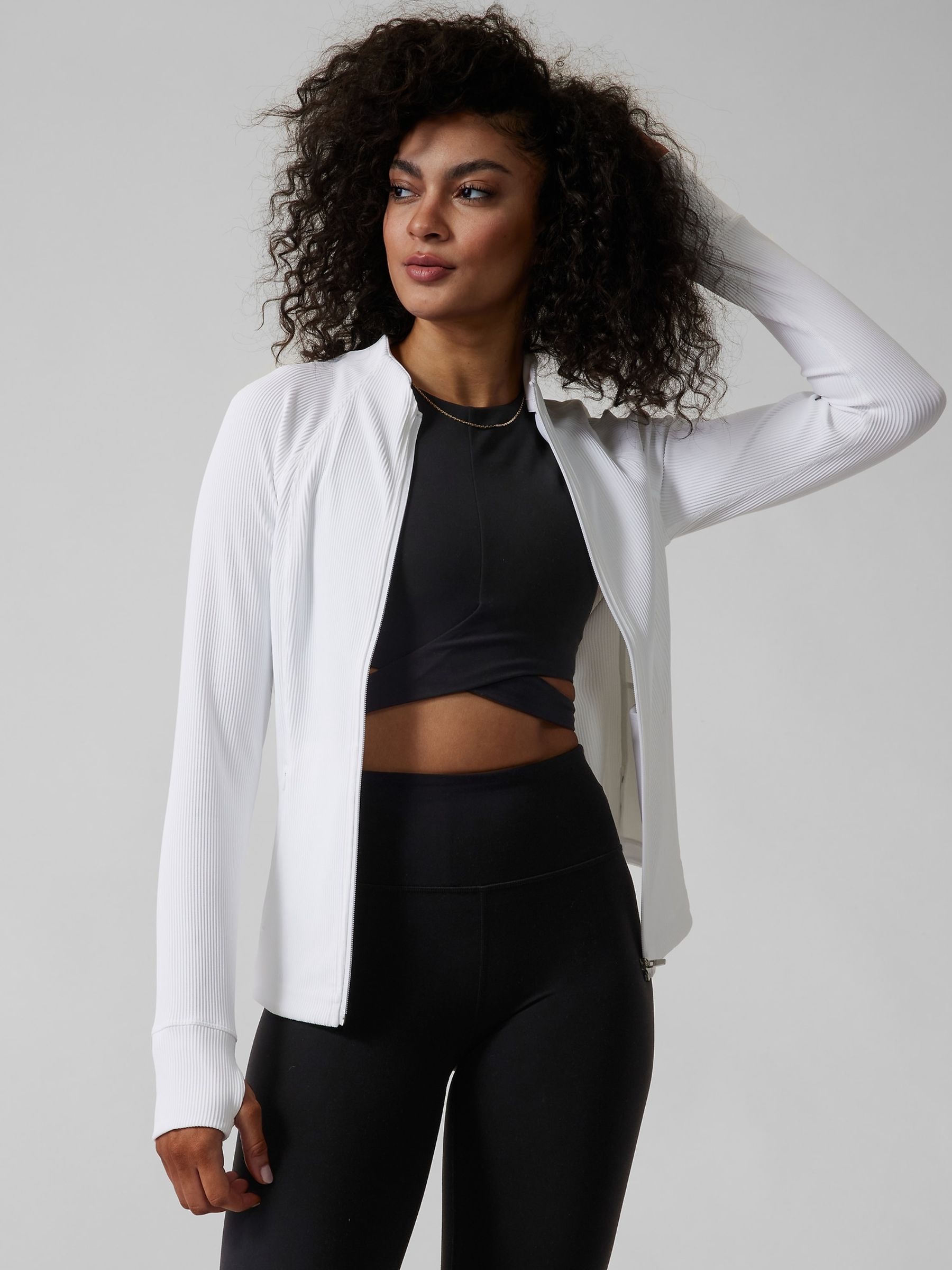 Athleta White Ribbed Zip Through Sweatshirt - Image 4 of 9