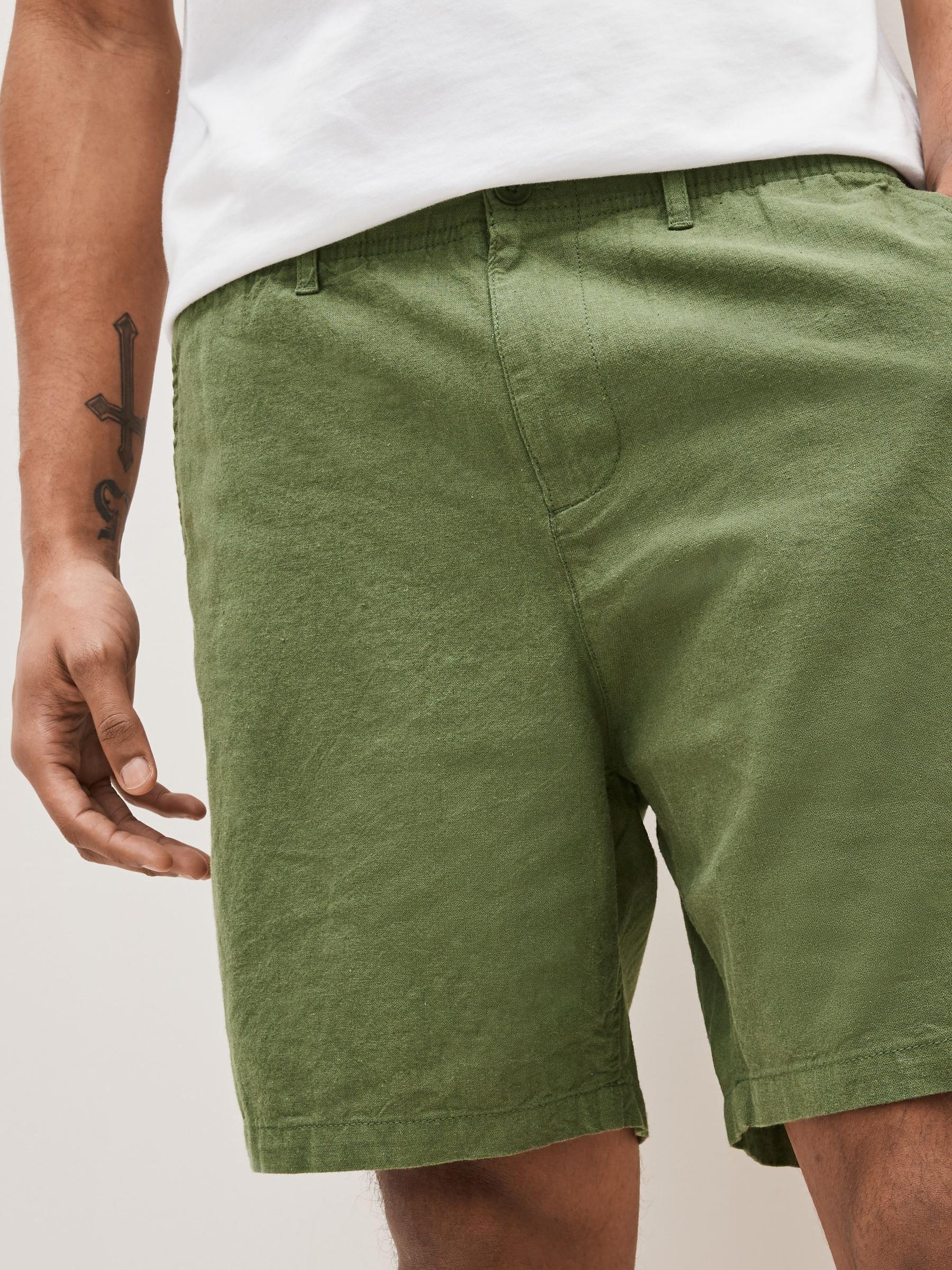 Khaki Green 7" Linen Cotton Shorts - Image 3 of 4