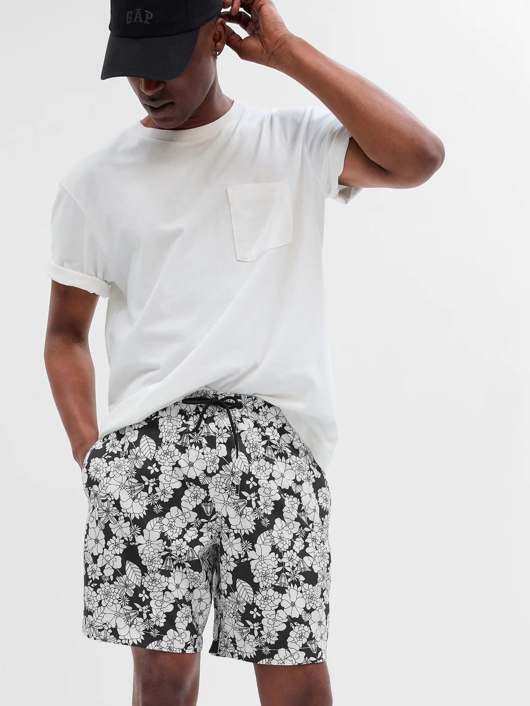 Black / White 8" Print Swim Trunks - Image 1 of 3
