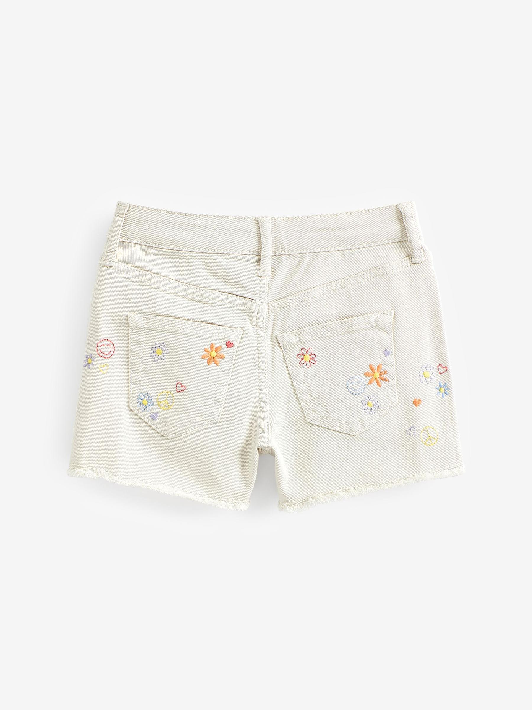 White Embroidered Flowers Denim Shorts - Image 2 of 3