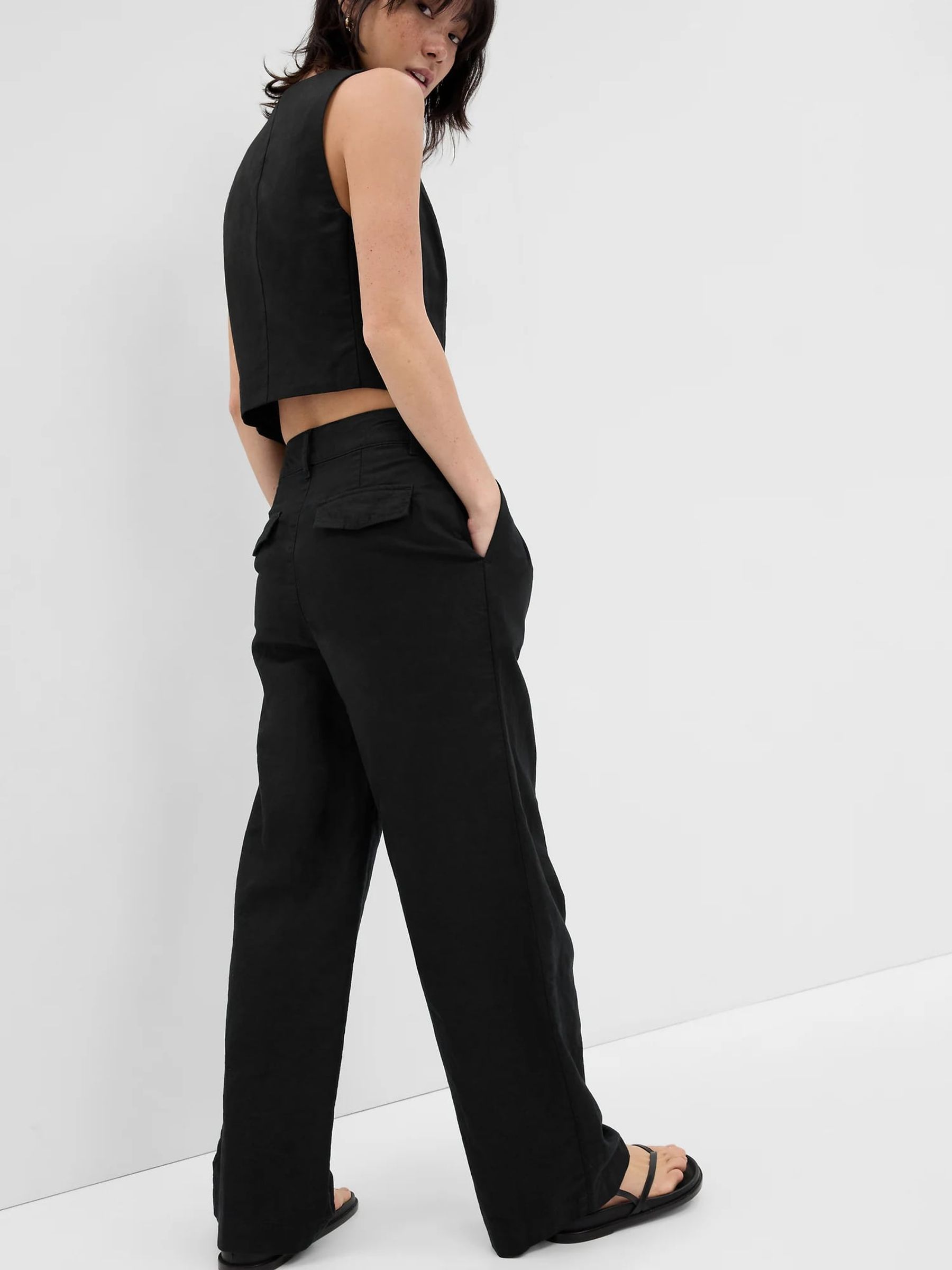 Black Linen Blend Pleated Trousers - Image 2 of 5