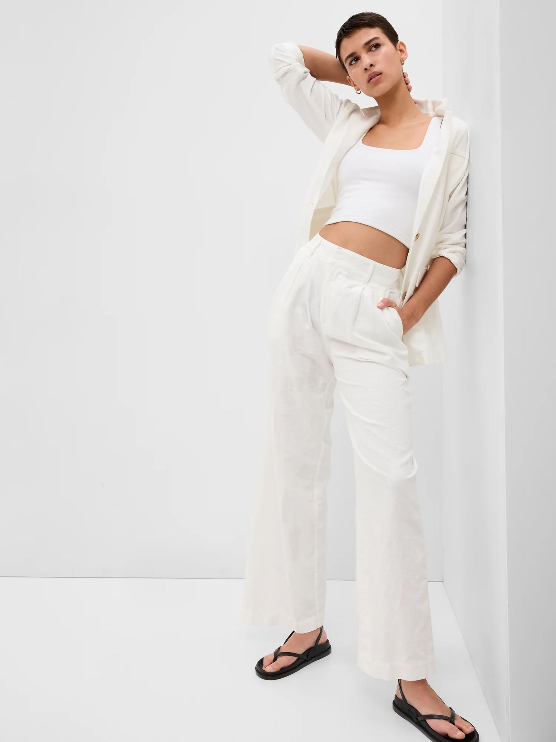 White Linen Blend Pleated Trousers Gap