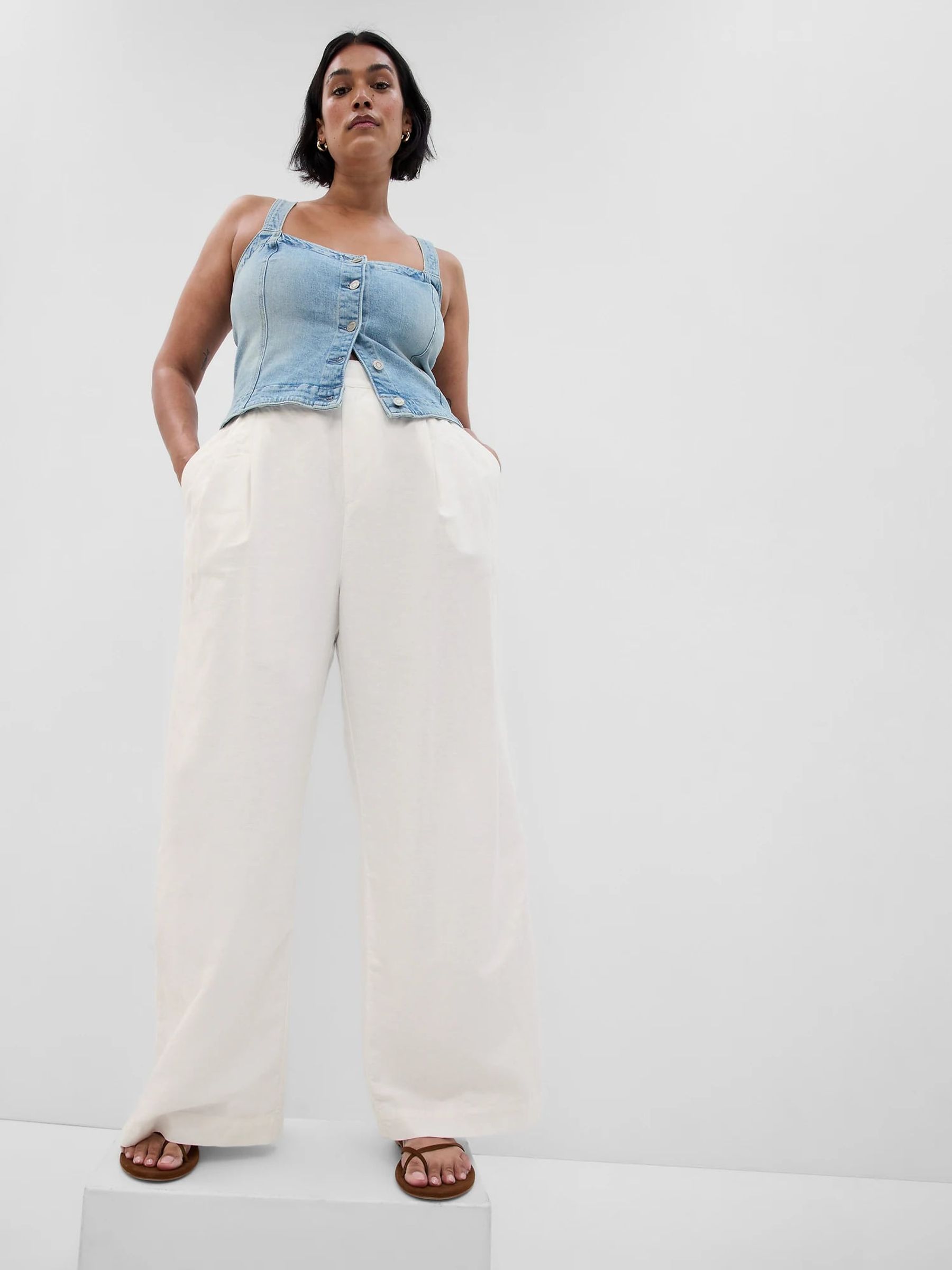 White Linen Blend Pleated Trousers - Image 3 of 6