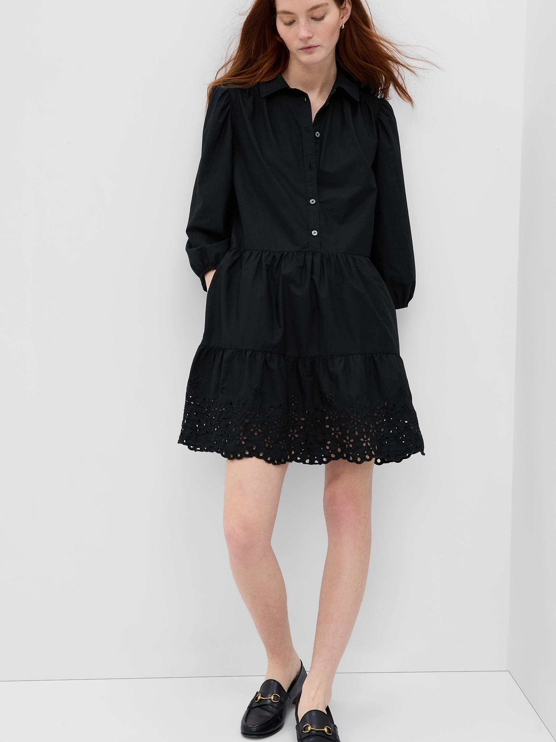 Black Puff Long Sleeve Shirtdress - Image 1 of 6