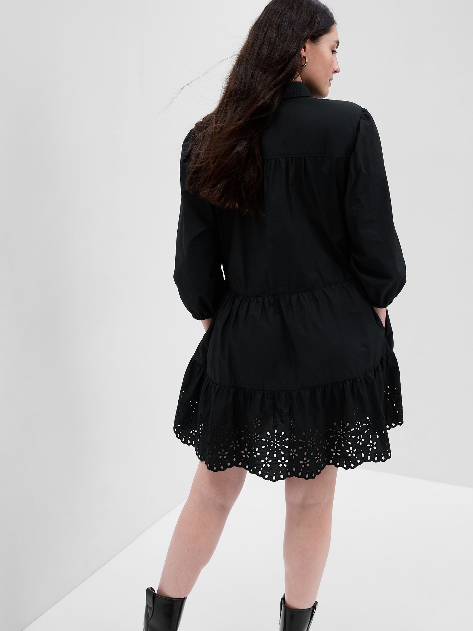 Black Puff Long Sleeve Shirtdress - Image 2 of 6