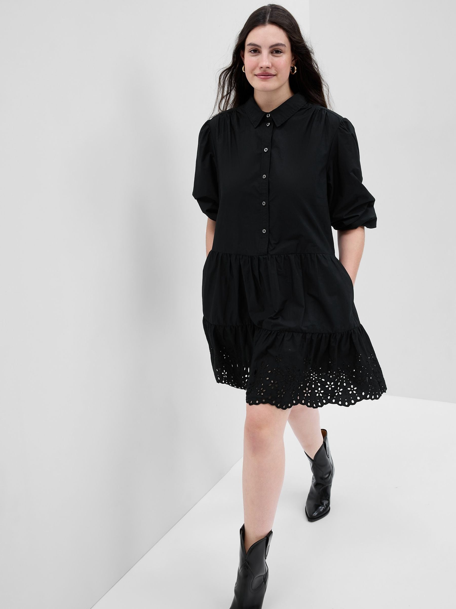 Black Puff Long Sleeve Shirtdress - Image 2 of 9