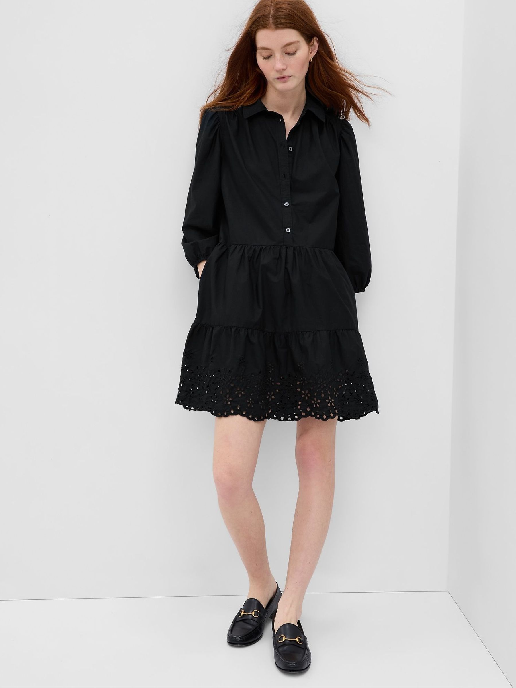 Black Puff Long Sleeve Shirtdress - Image 6 of 9