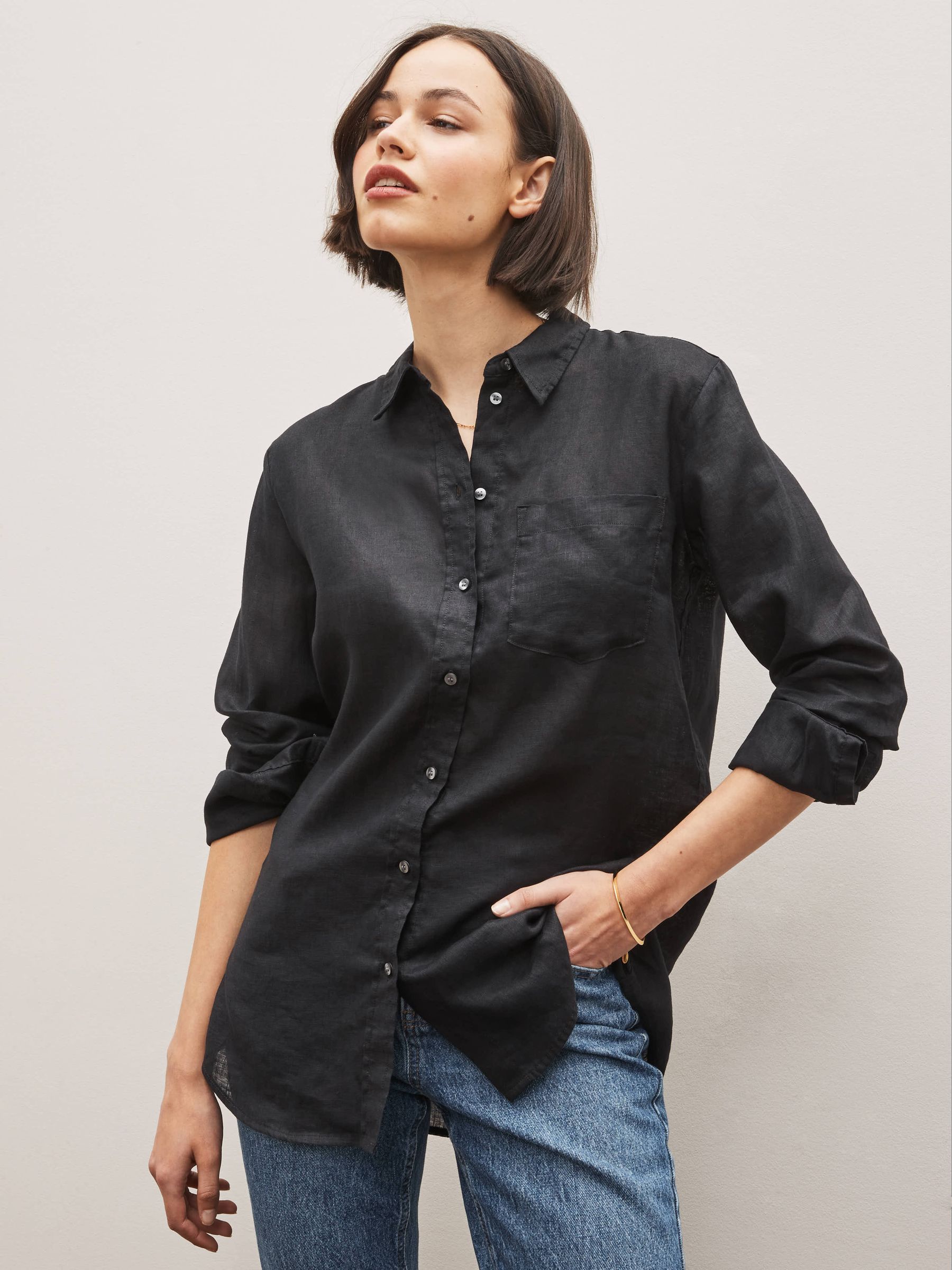 Black Linen Boyfriend Shirt - Image 1 of 6