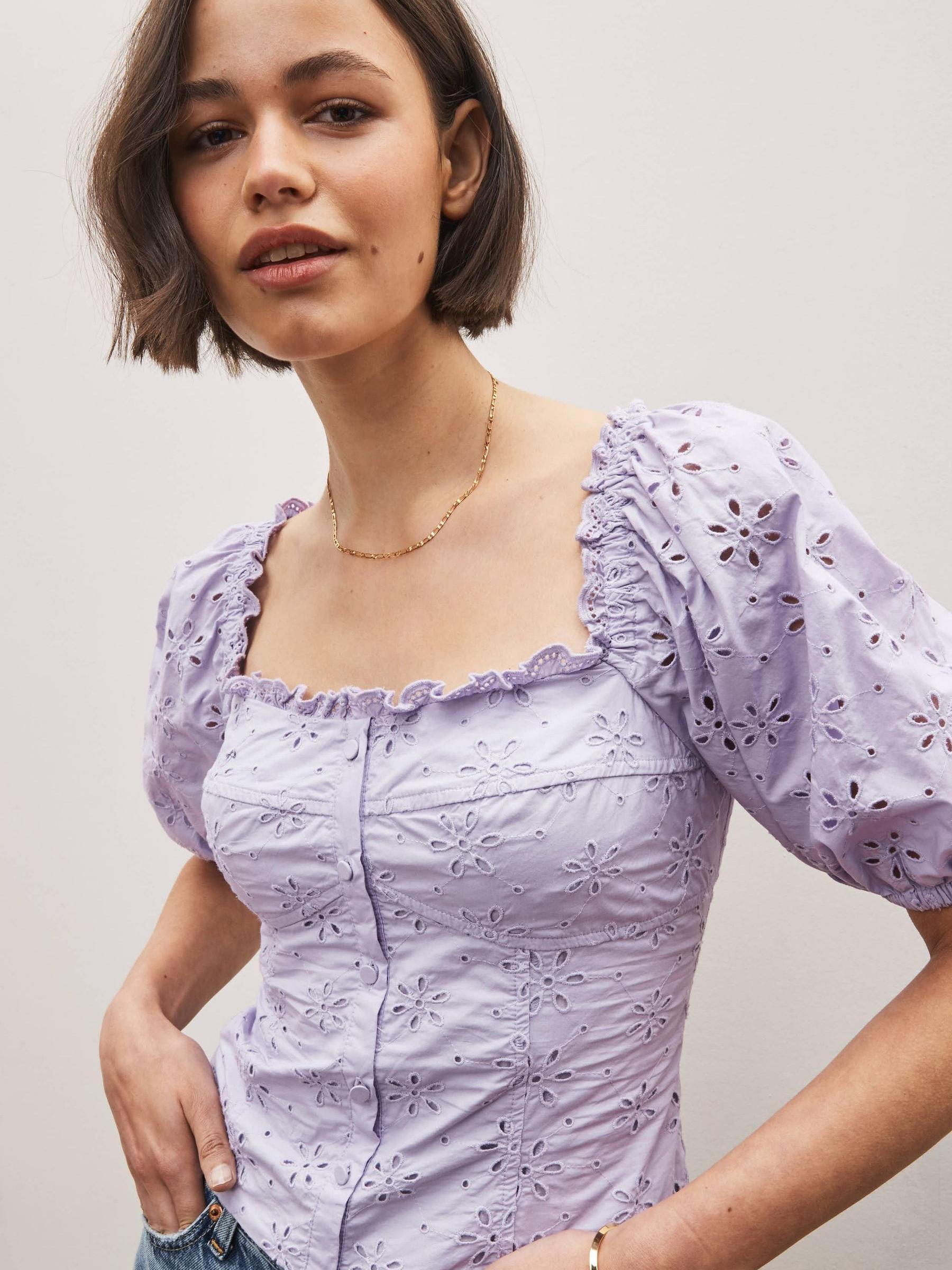 Purple Broderie Square Neck Puff Sleeve Blouse - Image 1 of 4