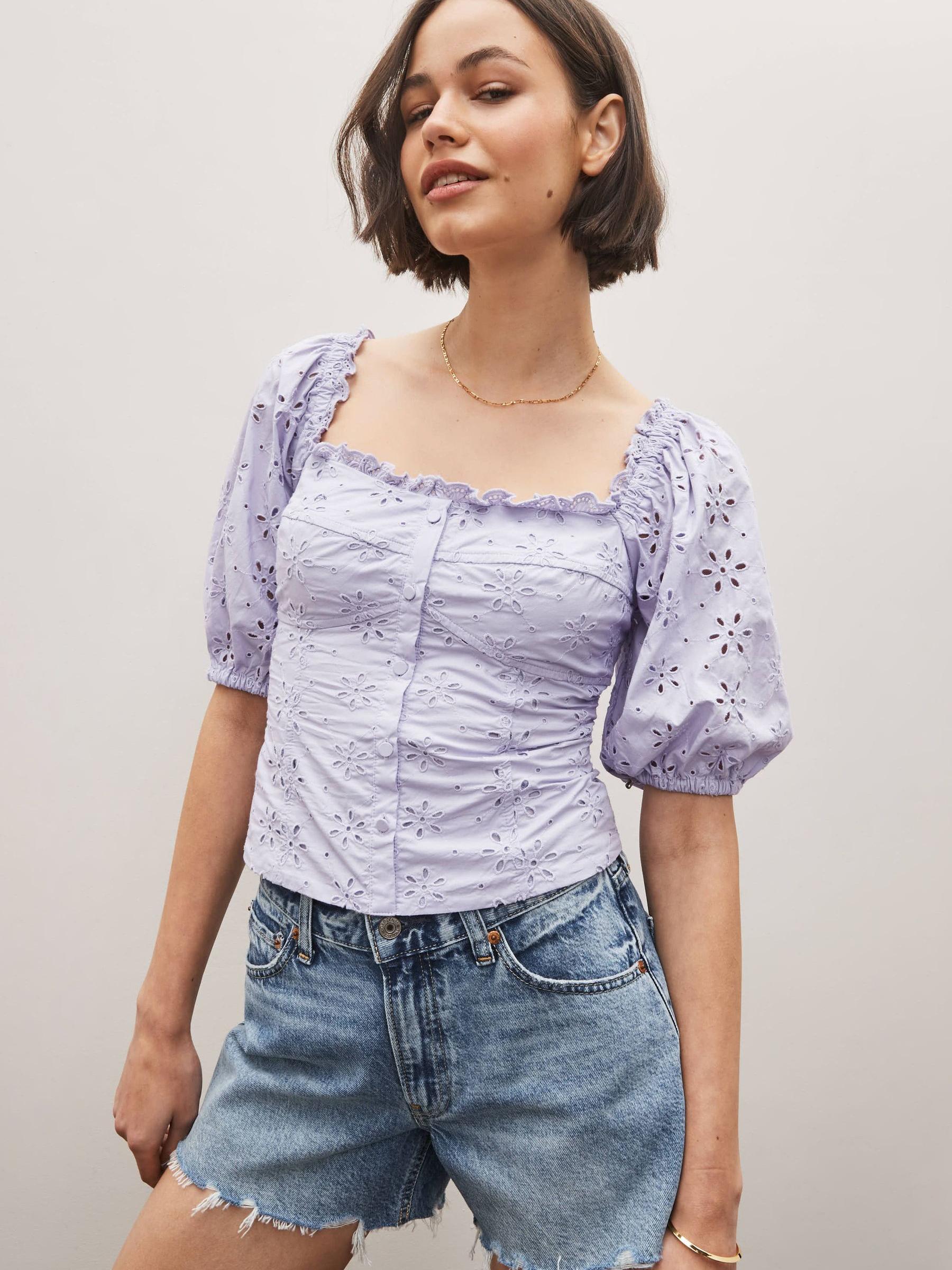 Purple Broderie Square Neck Puff Sleeve Blouse - Image 2 of 4