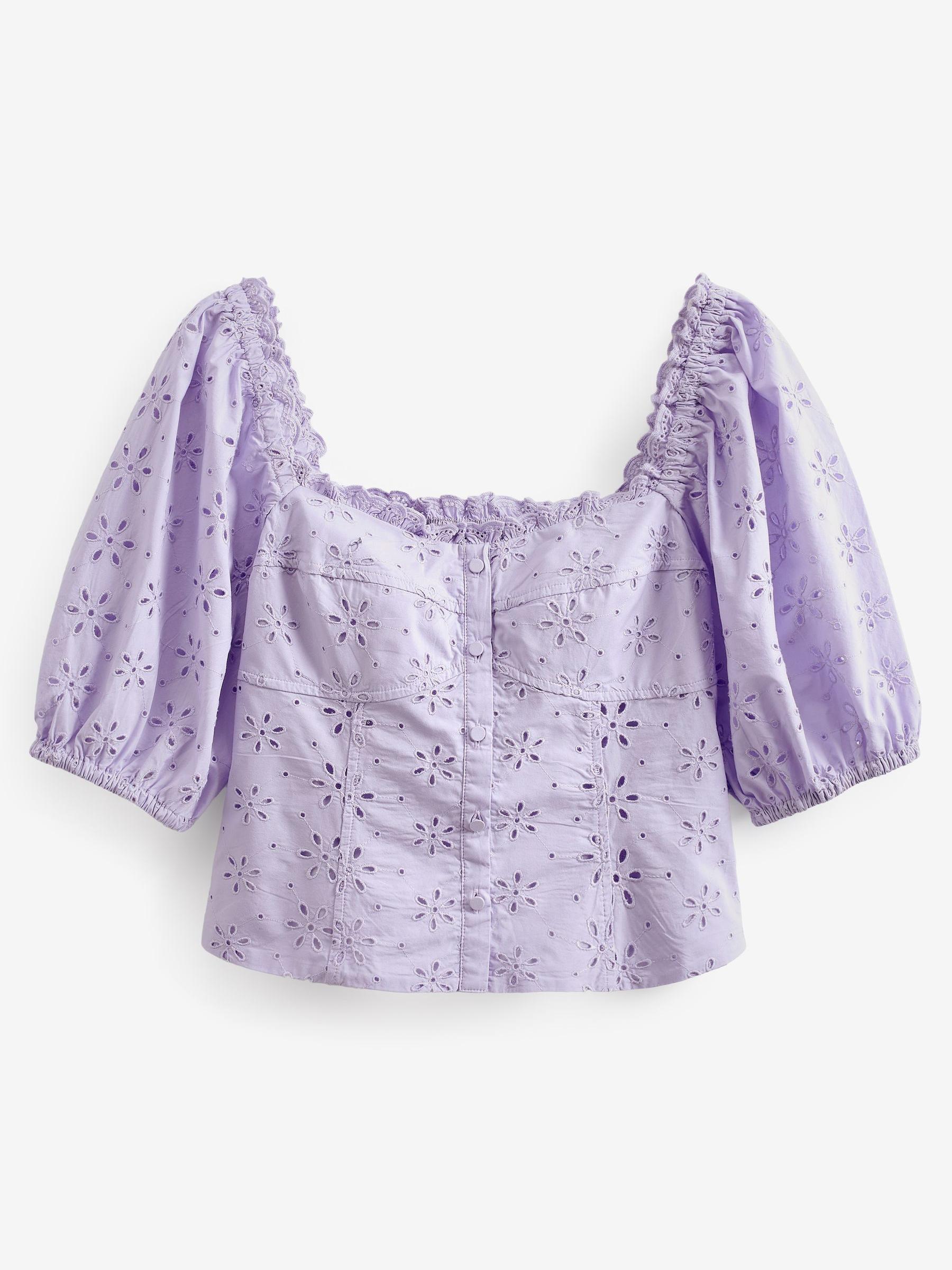 Purple Broderie Square Neck Puff Sleeve Blouse - Image 4 of 4