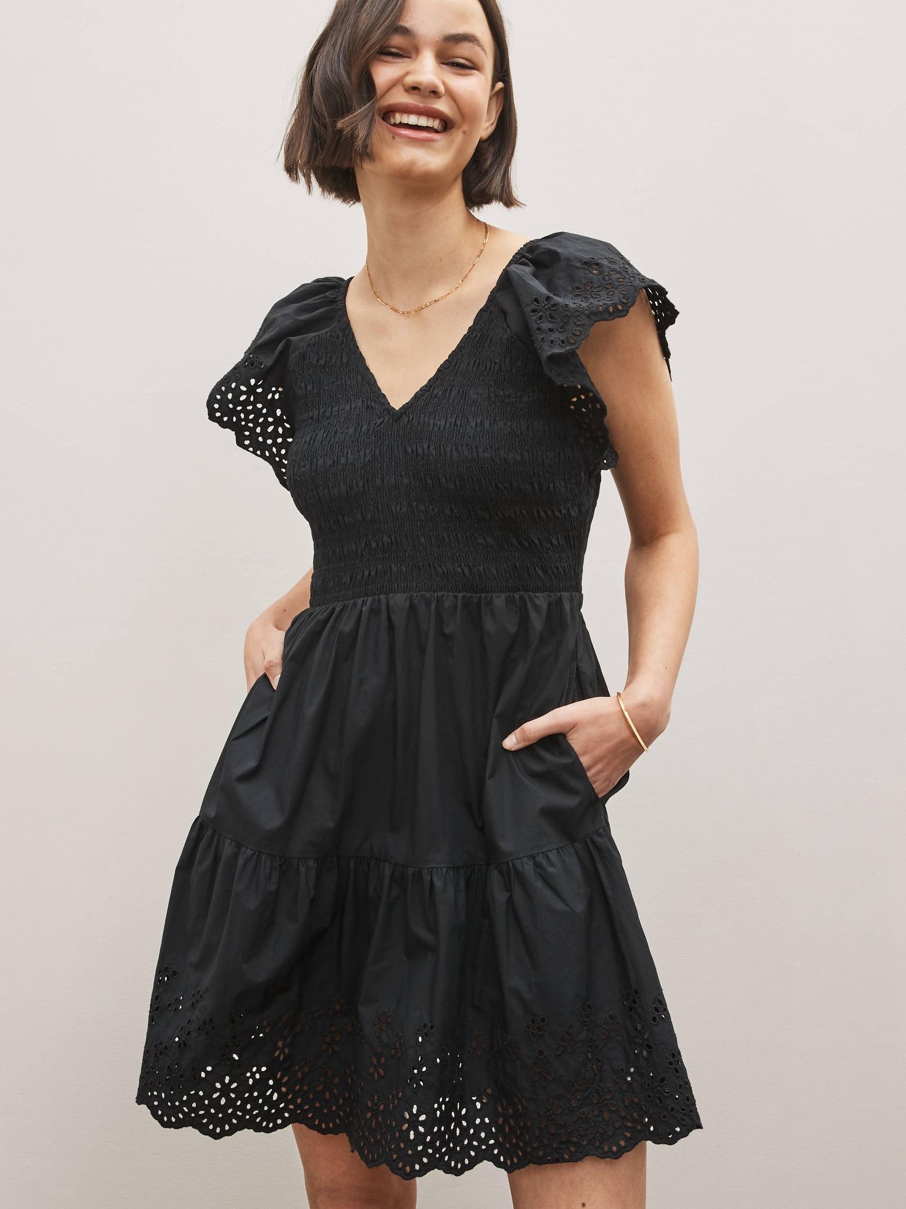 Black Tiered V-Neck Broderie Flutter Sleeve Mini Dress - Image 1 of 3