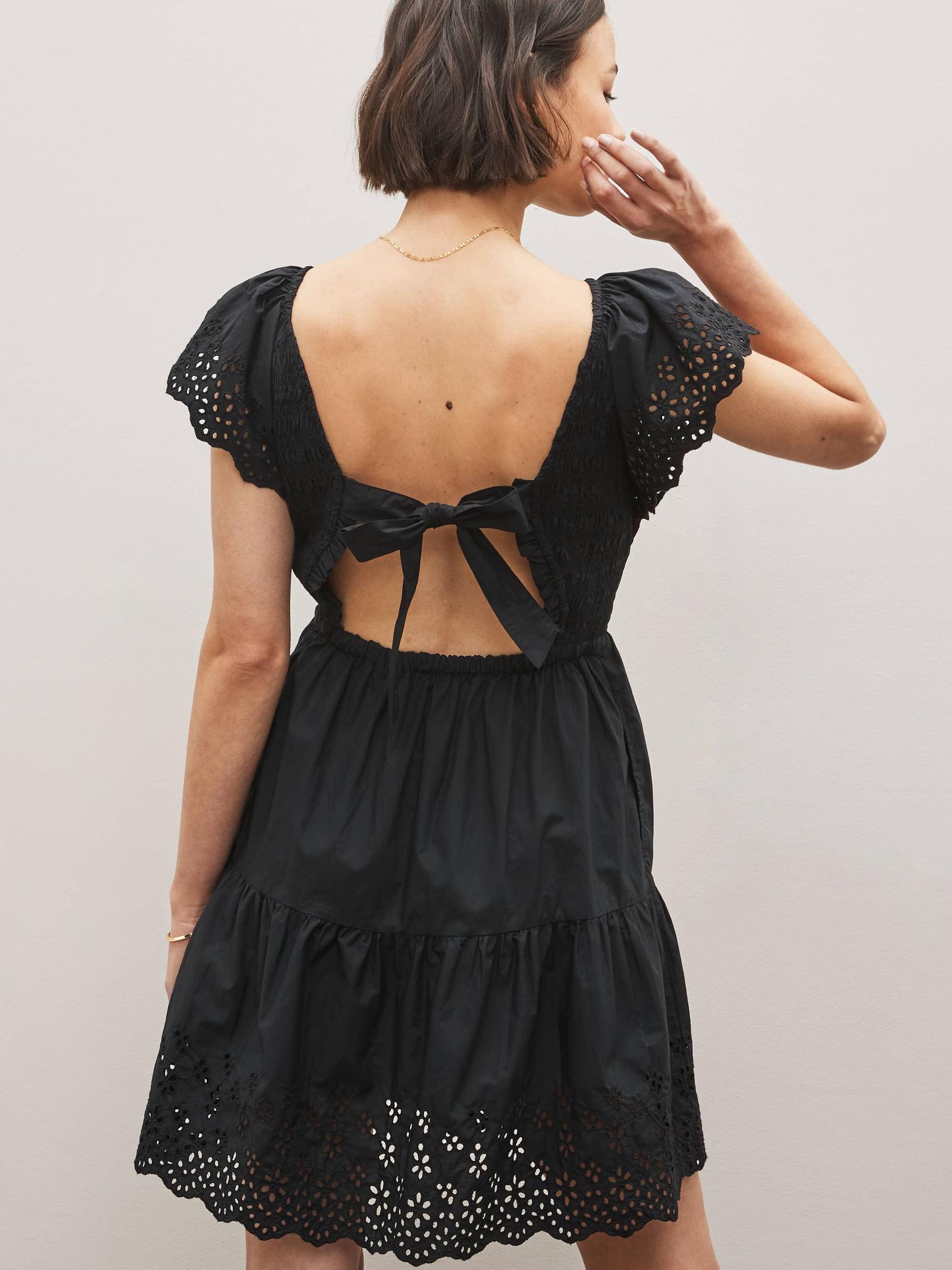 Black Tiered V-Neck Broderie Flutter Sleeve Mini Dress - Image 2 of 3