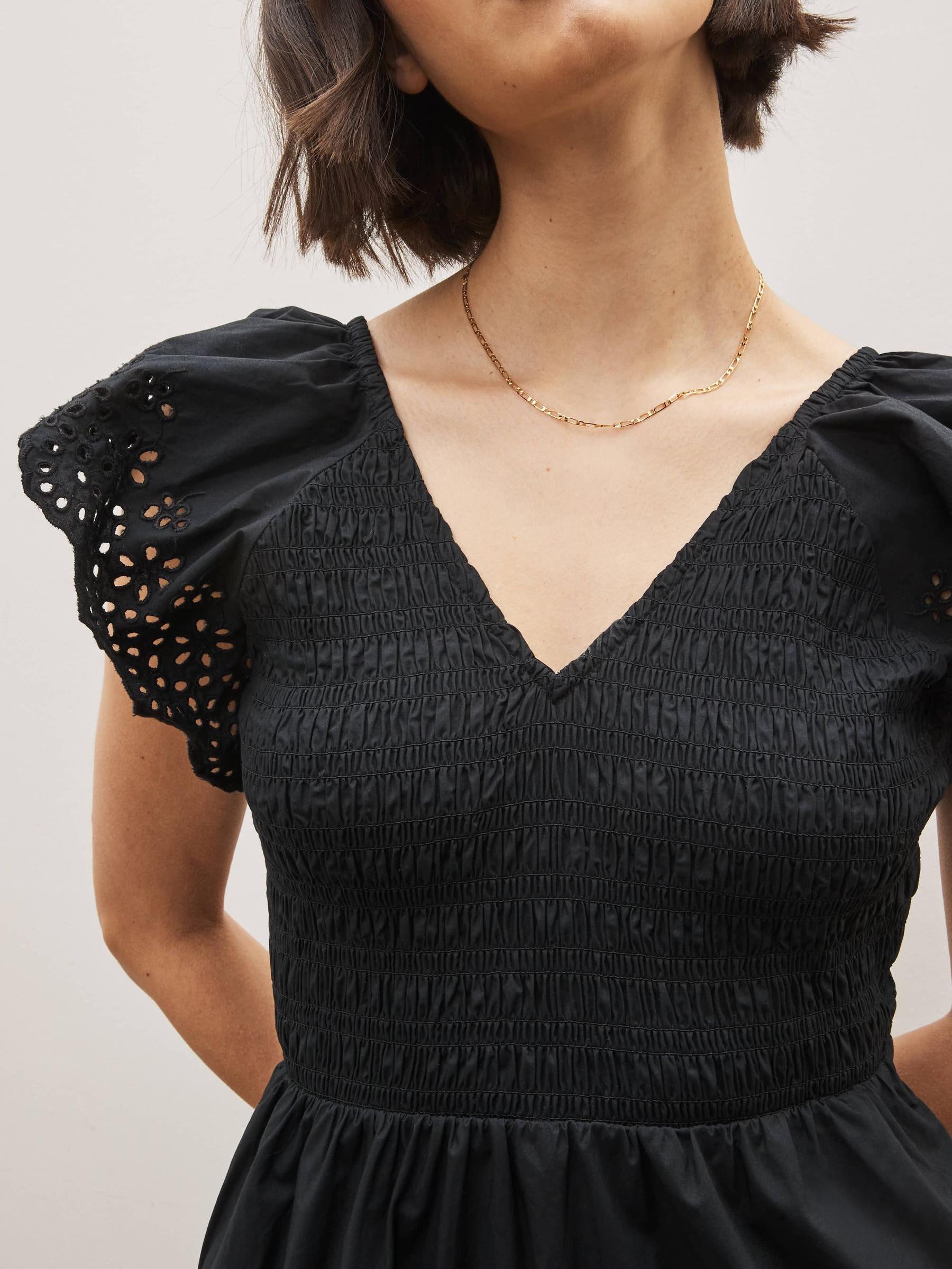 Black Tiered V-Neck Broderie Flutter Sleeve Mini Dress - Image 3 of 3
