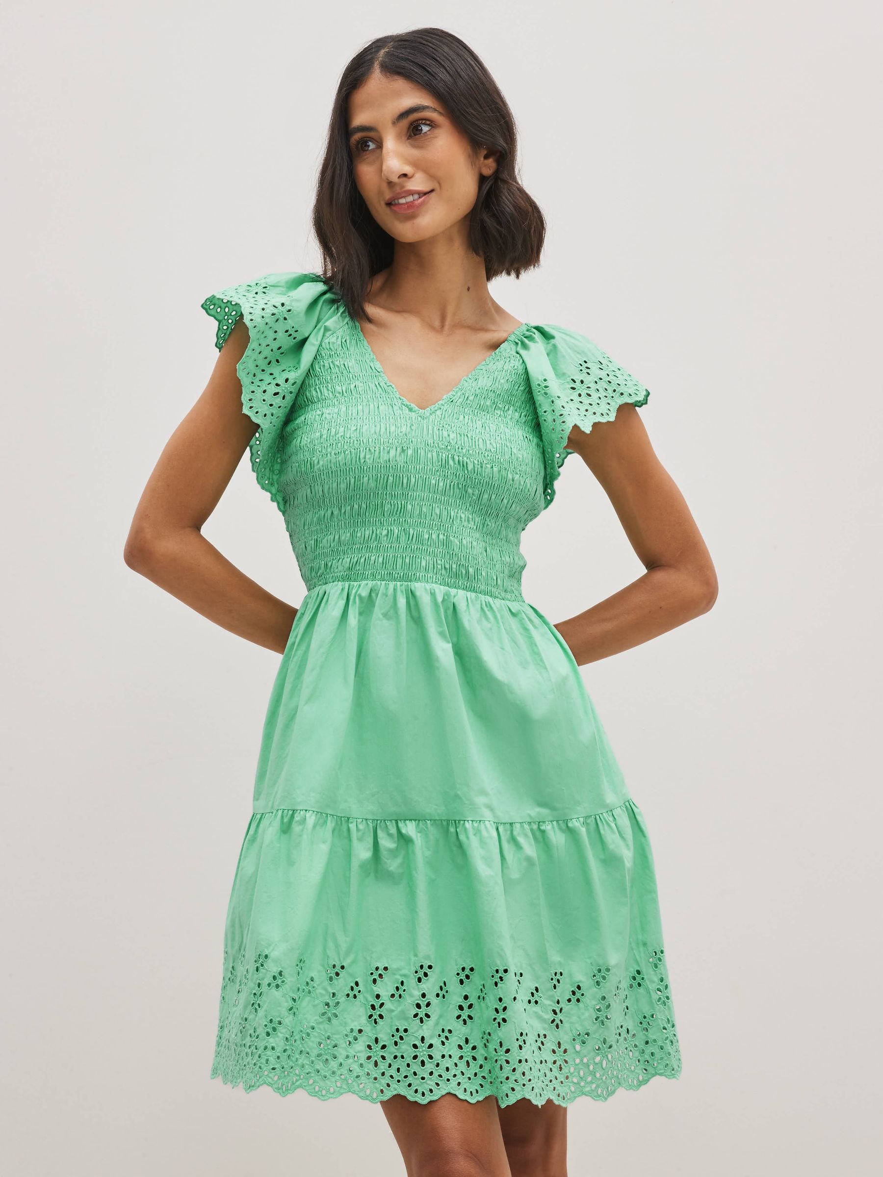 Green Tiered V-Neck Broderie Flutter Sleeve Mini Dress - Image 1 of 5