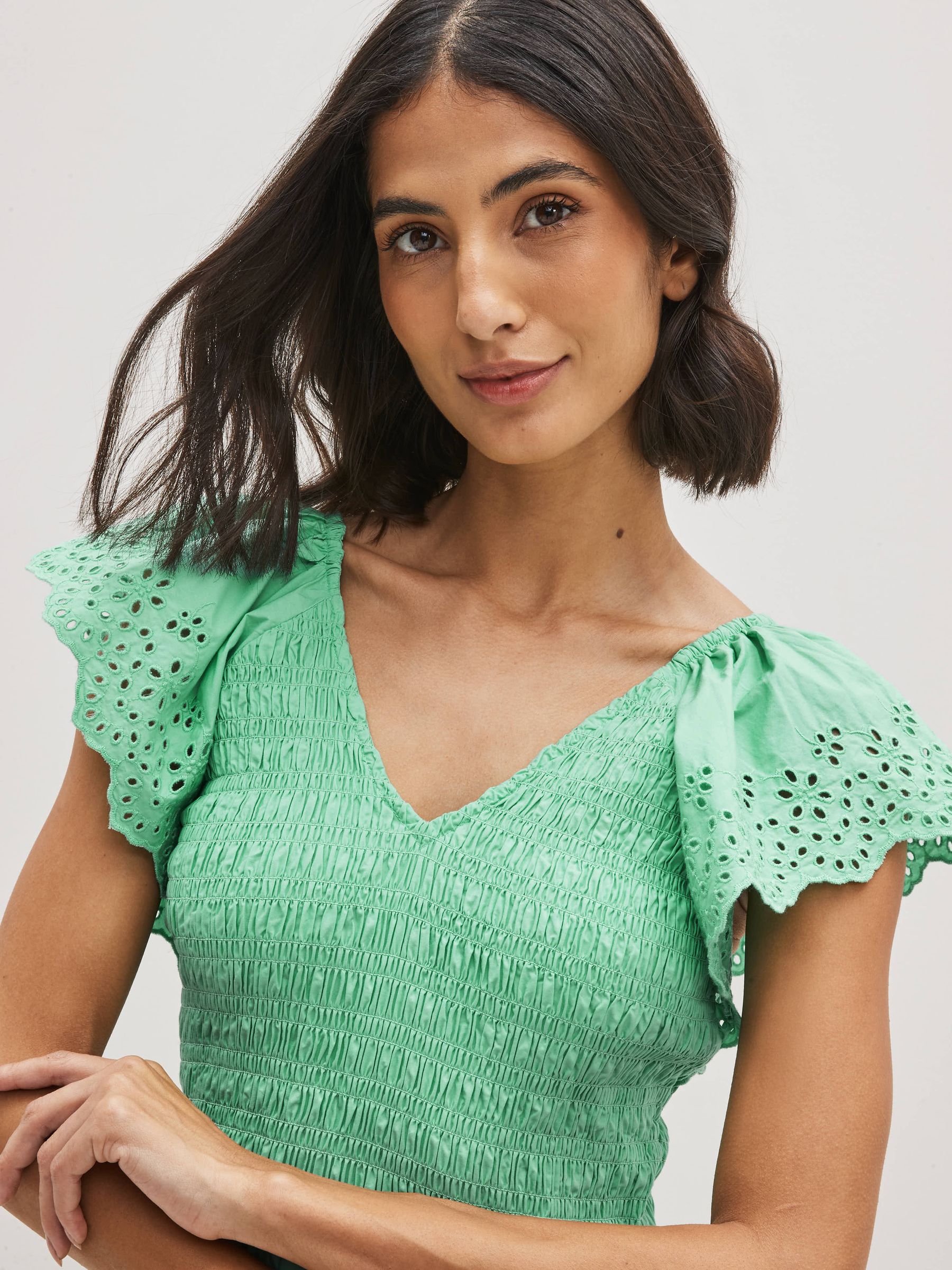 Green Tiered V-Neck Broderie Flutter Sleeve Mini Dress - Image 2 of 5