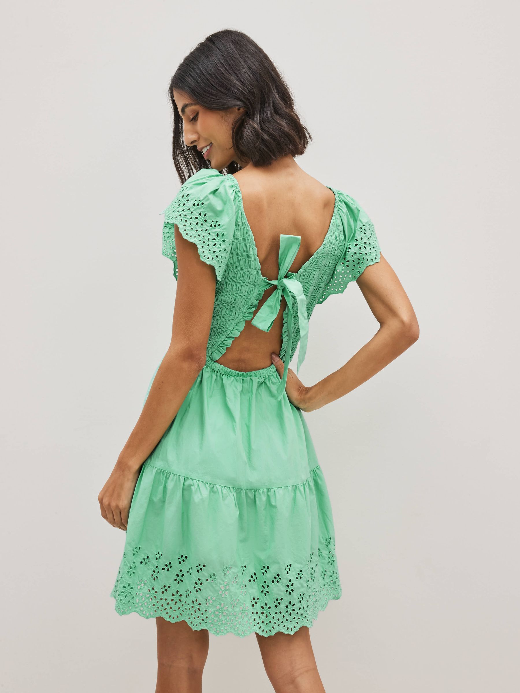 Green Tiered V-Neck Broderie Flutter Sleeve Mini Dress - Image 3 of 5